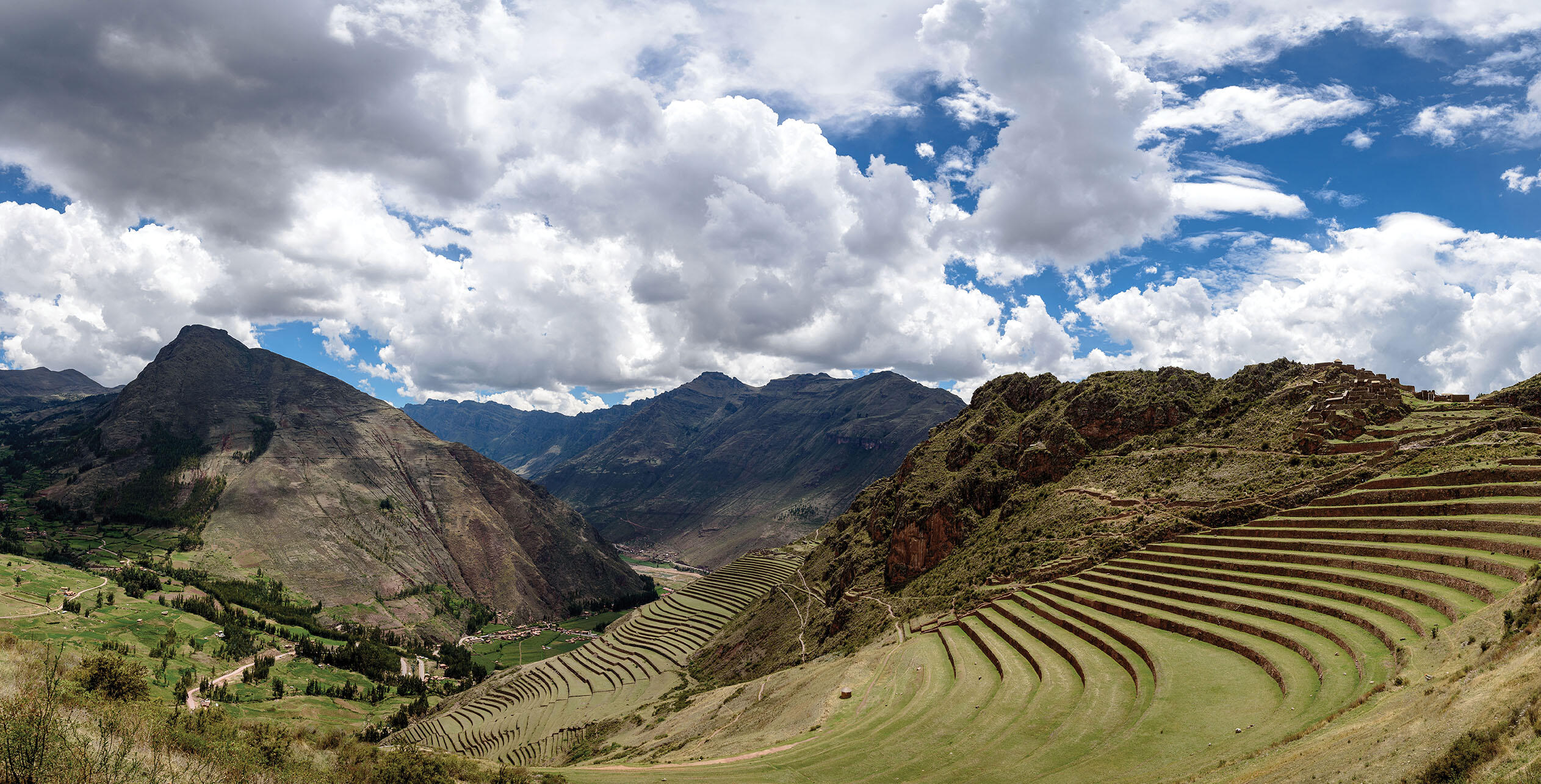 Aerial photo of terrace works in Pisac, Peru, which turned mountainsides into arable farmland. (Photo by MudflapDC.)