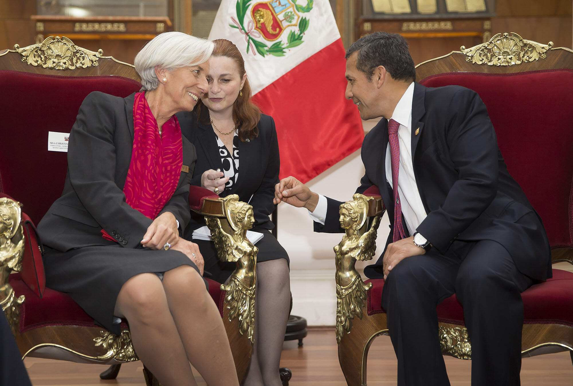 A photo of Peru’s president Ollanta Humala meeting with the International Monetary Fund’s Christine Lagarde in 2014. (Photo by Stephen Jaffe/IMF Staff.)