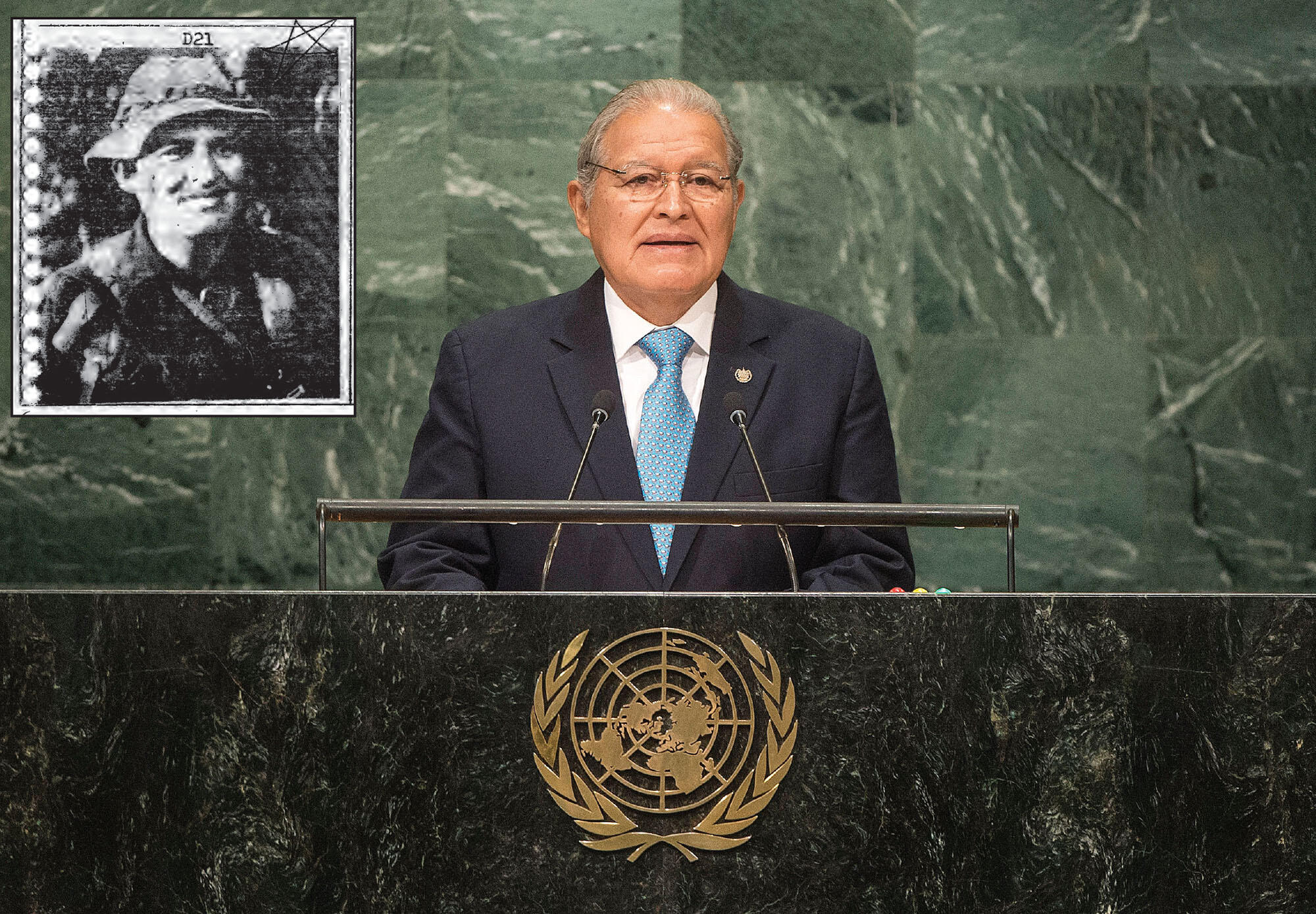 Two photos of Salvador Sánchez Cerén, as the current president of El Salvador speaking from the dais at the United Nations and (inset) in the Yellow Book. (Photo courtesy of Presidencia de El Salvador and inset courtesy of Angelina Snodgrass Godoy.)