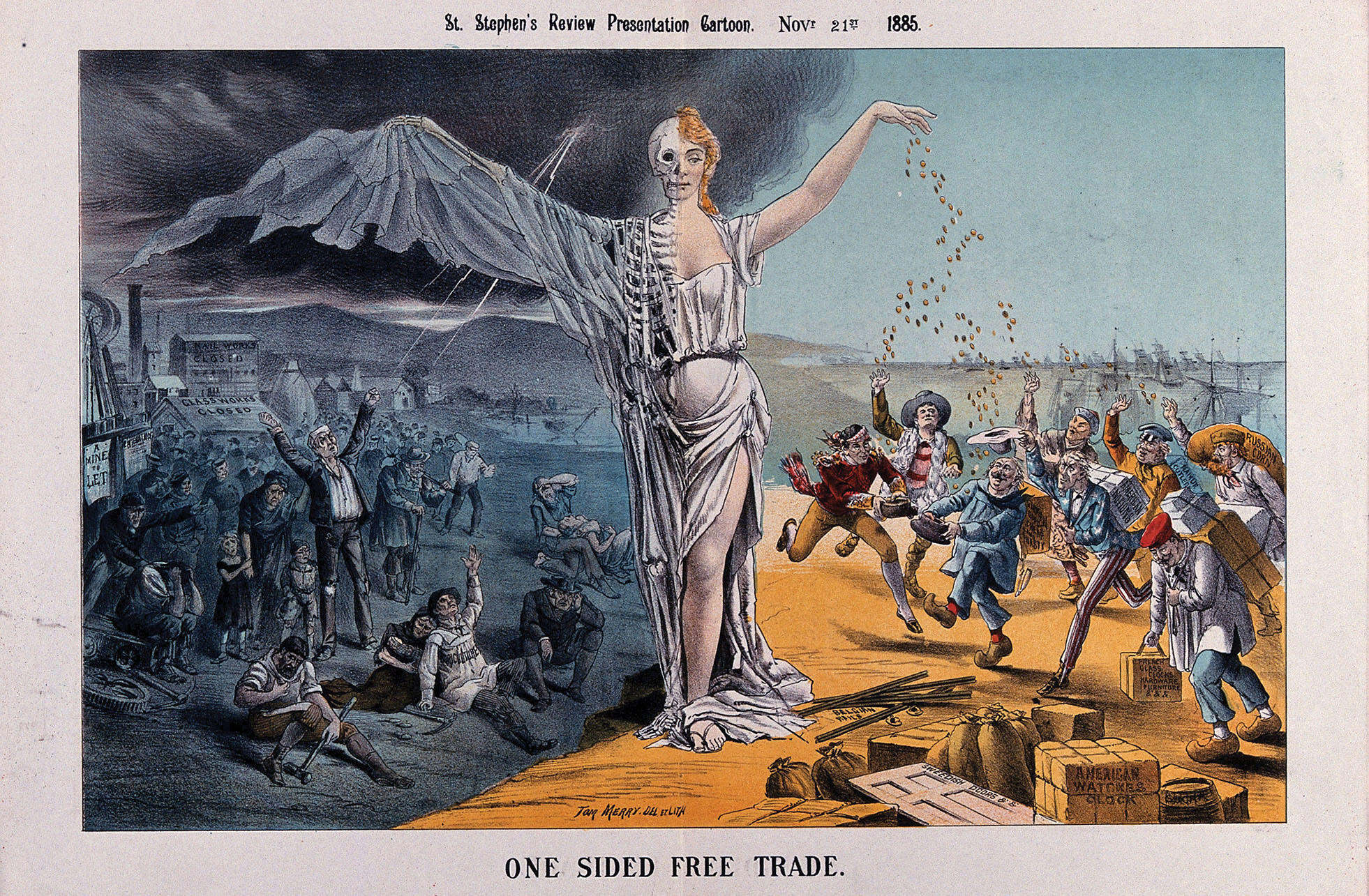 A half-woman half-skeleton figure presides as jobless English workers suffer as merchants are made rich by free trade in this cartoon from 1885. (Image courtesy of the Wellcome Library/Wikimedia.)