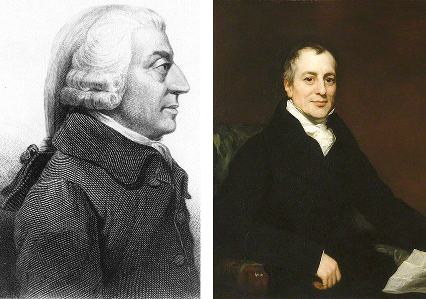Portraits of economists Adam Smith (left) and David Ricardo. (Smith etching from medallion by James Tassie. Ricardo portrait by Thomas Philips. Both from Wikimedia.)