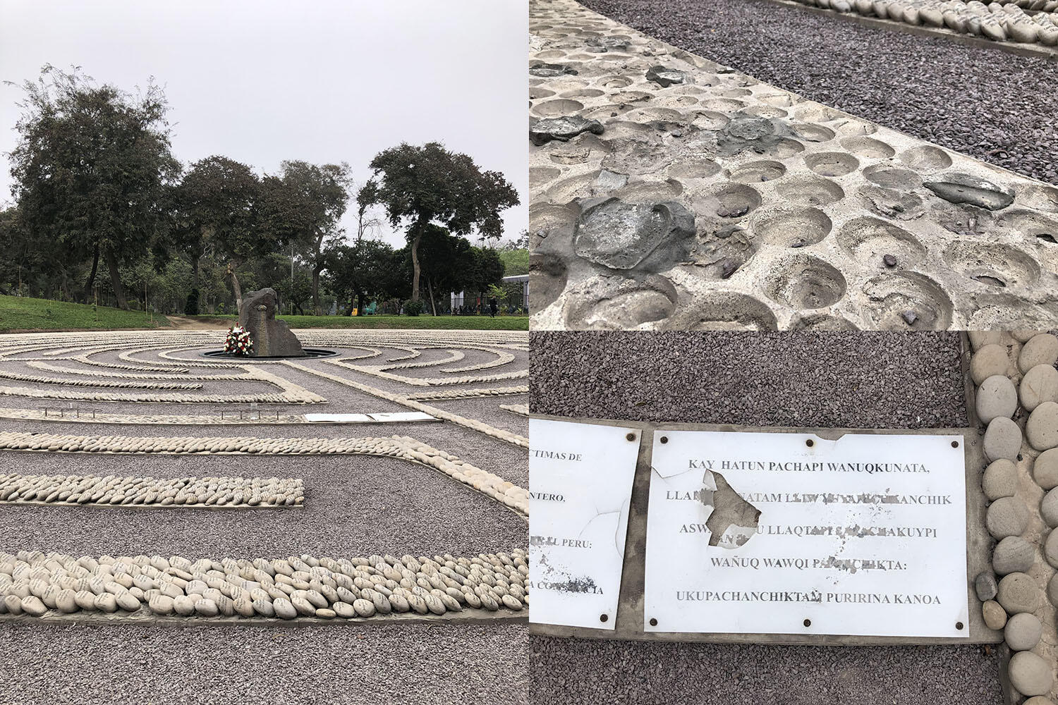  Damage done by vandals, who stole memorial stones and defaced a plaque written in Quechua. (Photos by Emily Fjaellen Thompson.)
