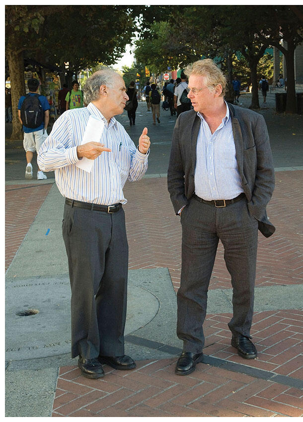 Harley Shaiken and Daniel Cohn-Bendit on the Berkeley campus. (Photo by Jim Block.)