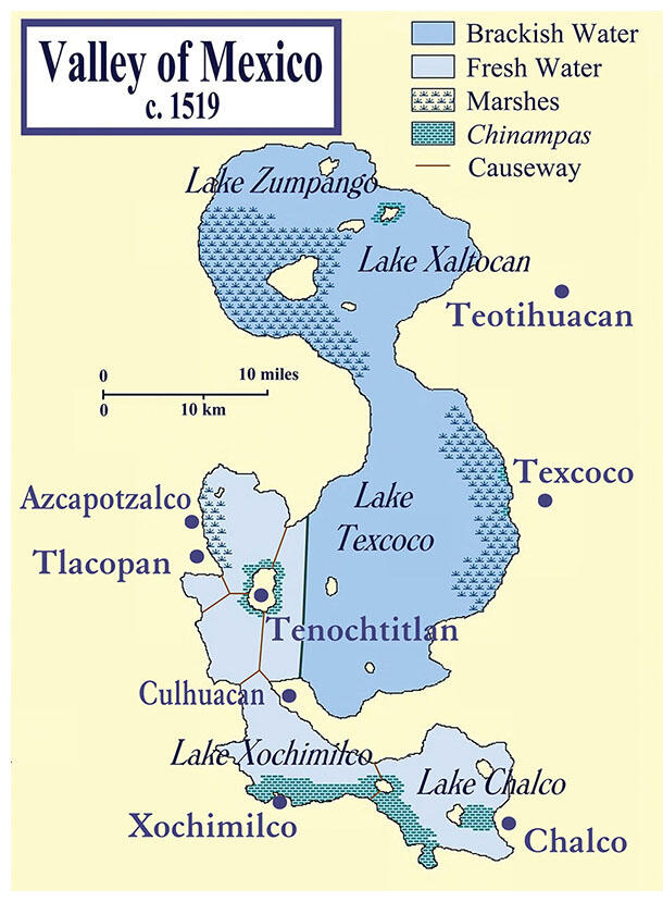 A map of Tenochtitlan and the lake and wetlands that form its environs, circa 1519. (Image from Wikimedia Commons.)