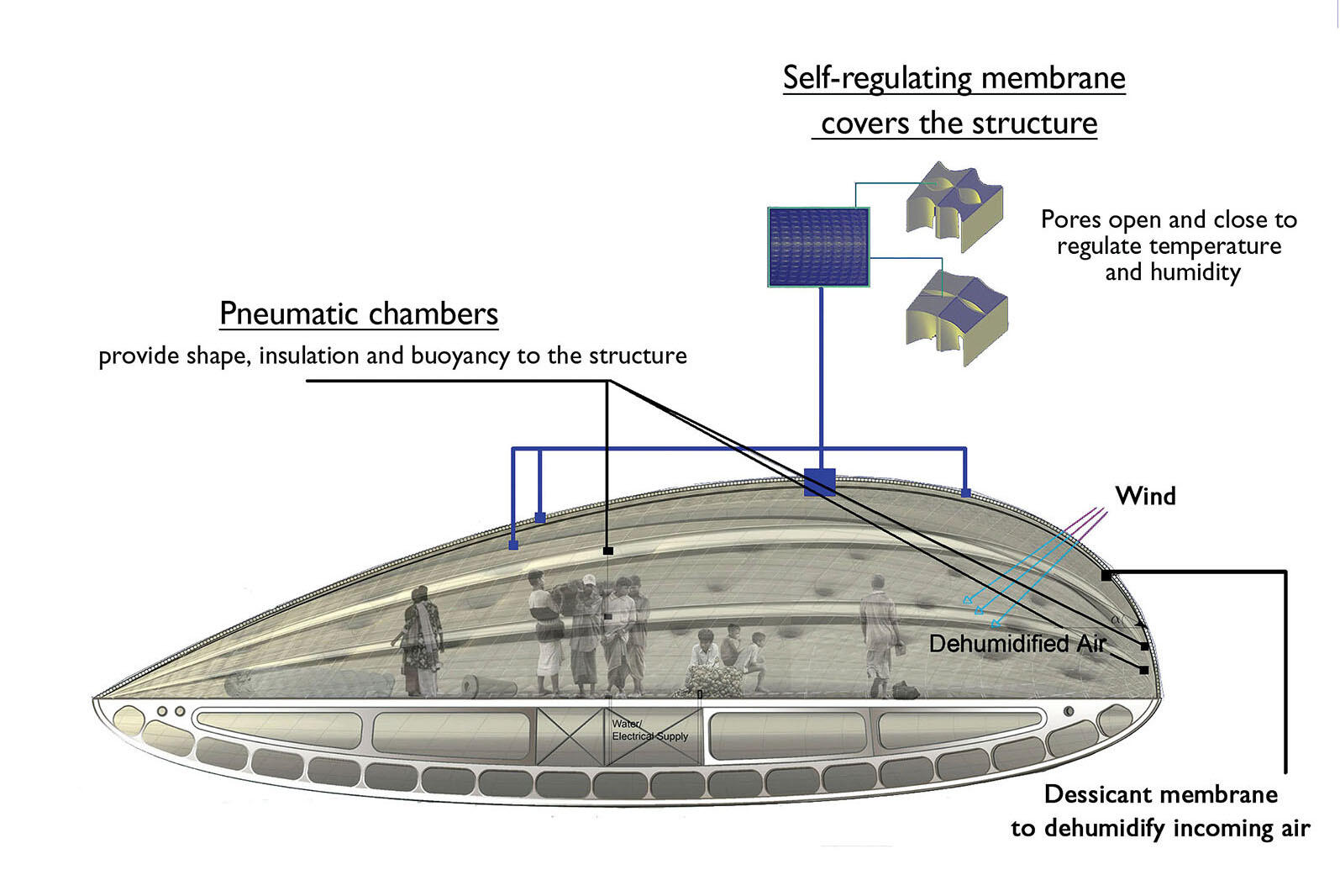 A schematic of Gutierrez’s temporary housing unit, designed for buoyancy, durability and regulation of its internal environment. (Image courtesy of Paz Gutierrez.)