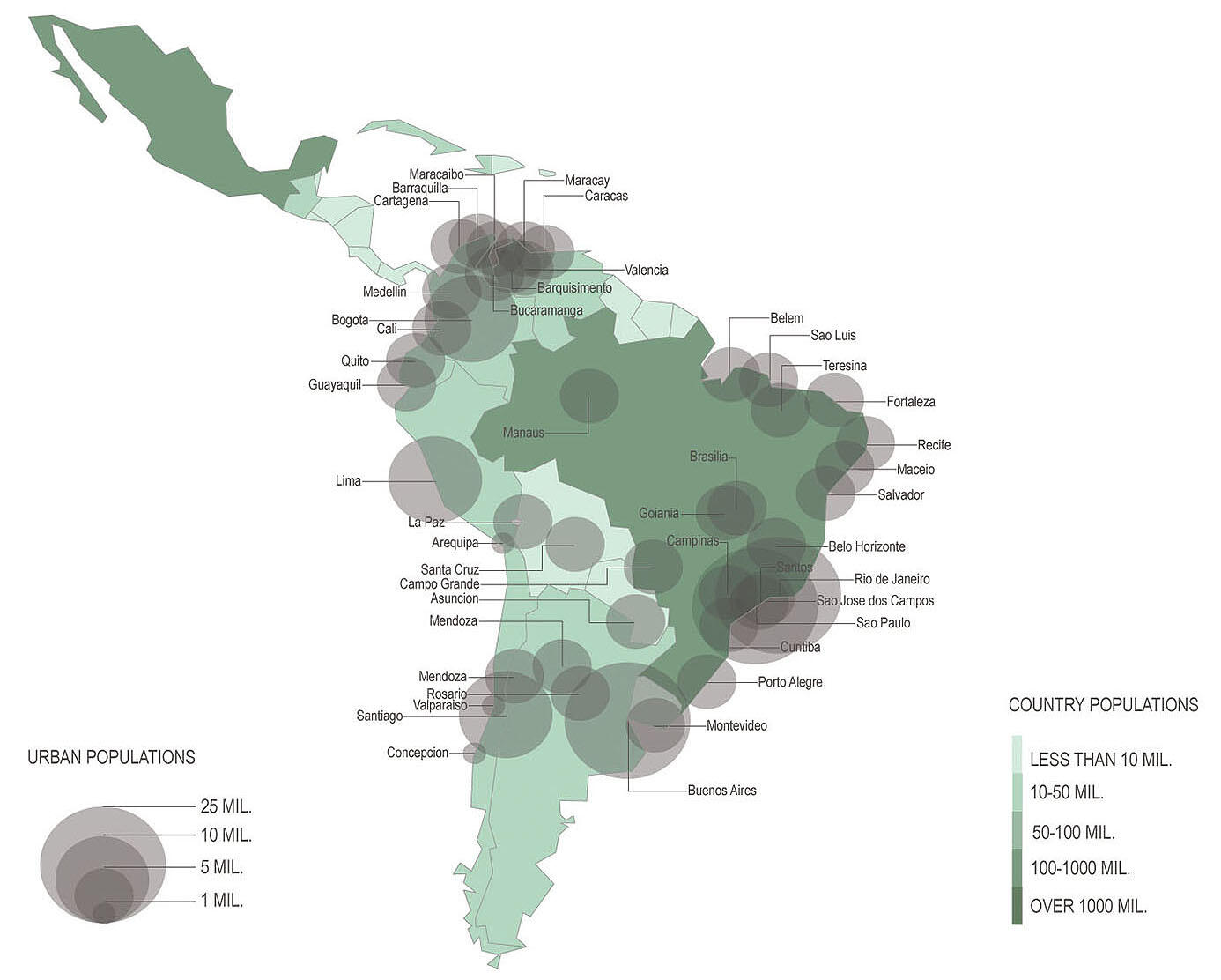 A map of future city size shows that many of South America’s densest urban areas are coastal and vulnerable to flooding. (Image courtesy of Paz Gutierrez. Data from the U.S. Census Bureau International Database.)