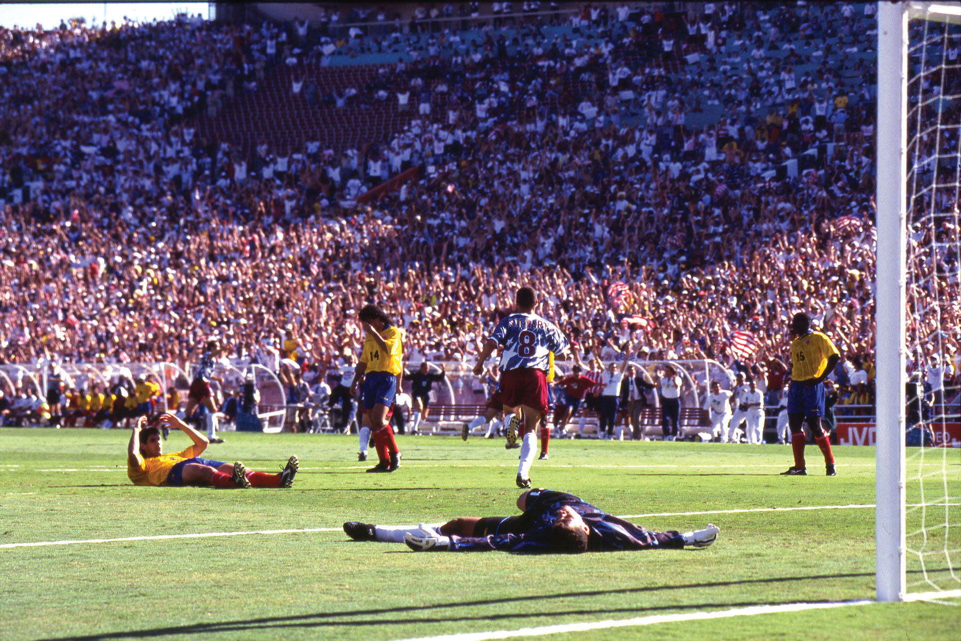 Andrés Escobar collapses to the grass in disbelief after conceding an own goal to the United States during the 1994 World Cup. (Photo courtesy of All Rise Films.)