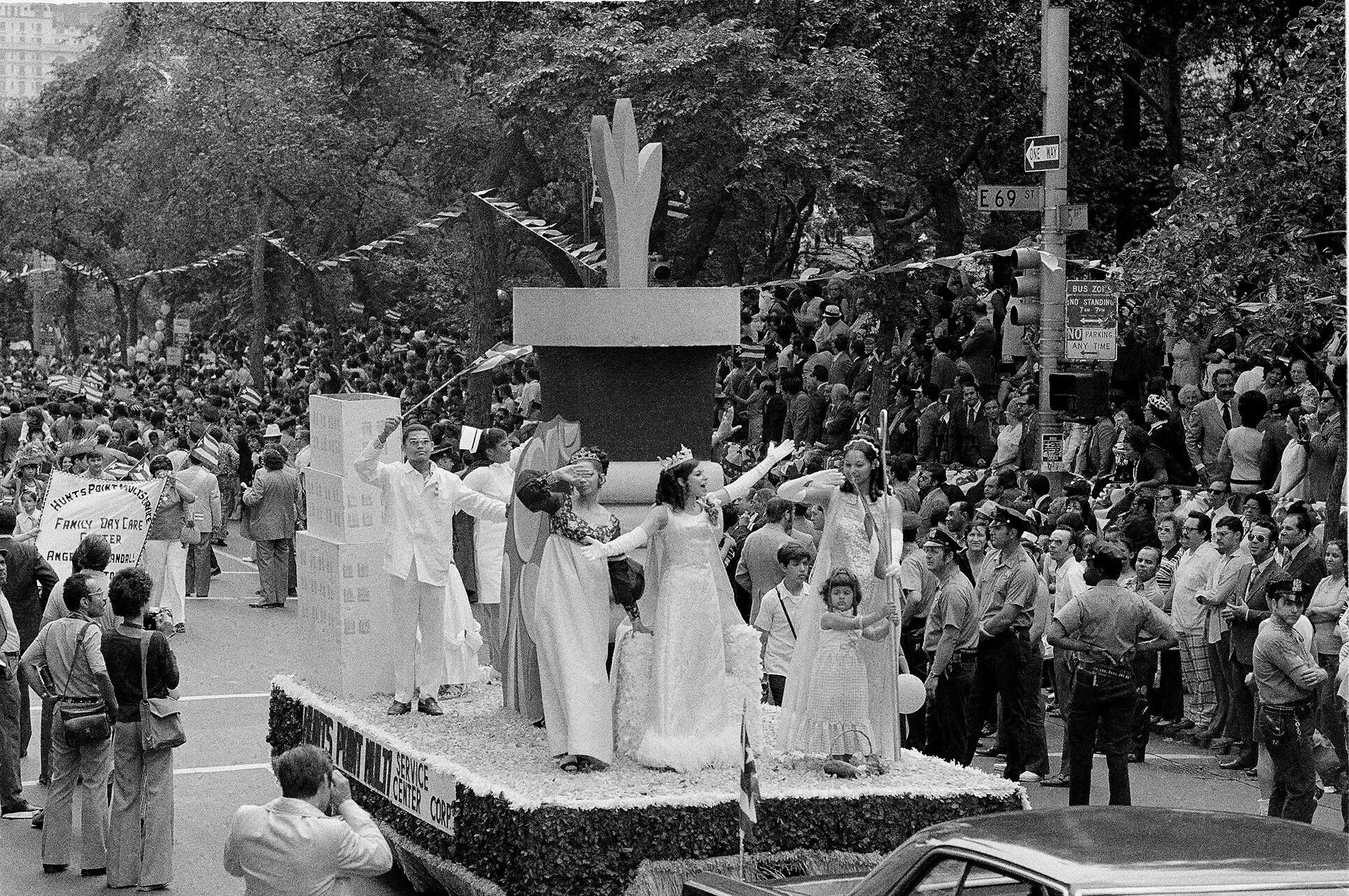 A float rolls down the street as part of the Puerto Rican Day Parade, Fifth Avenue, New York, 1971. (Photo from Associated Press.)