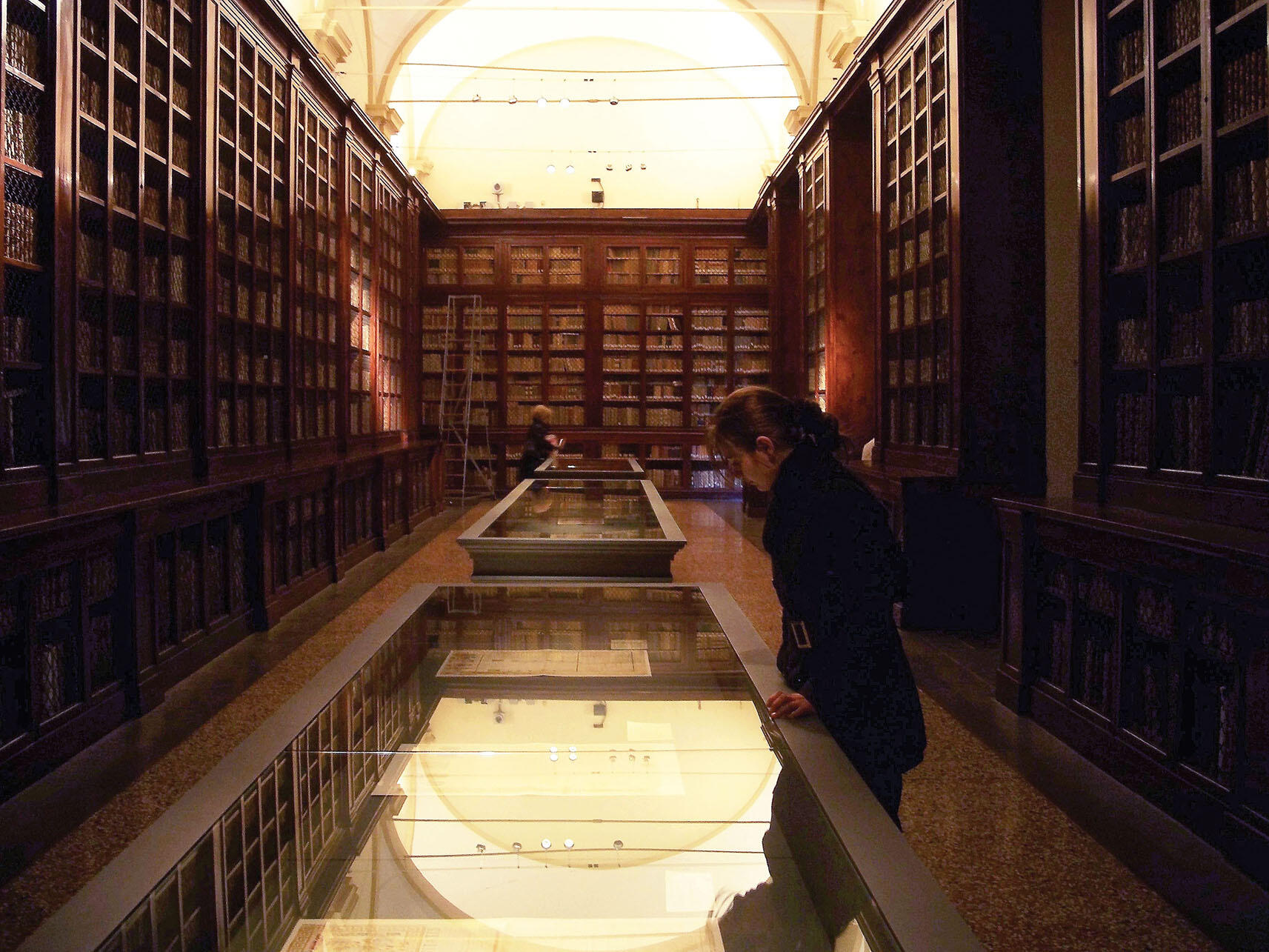 The quiet stacks and antique wood of the library of the University of Bologna. (Photo by Anna Hesser.)