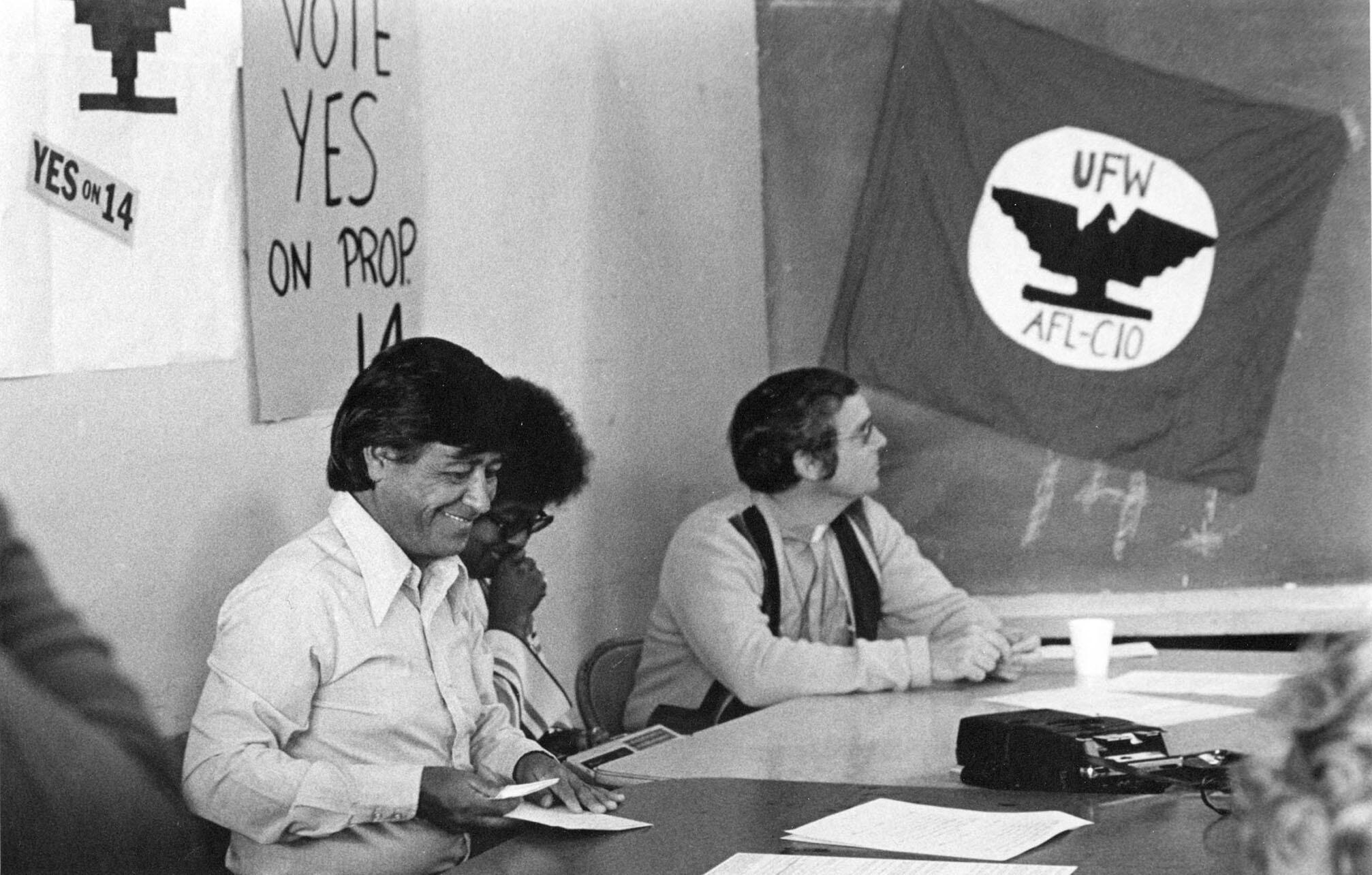 Cesar Chávez attends a meeting in Santa Maria, California. (Photo by Manuel Echavarria.)
