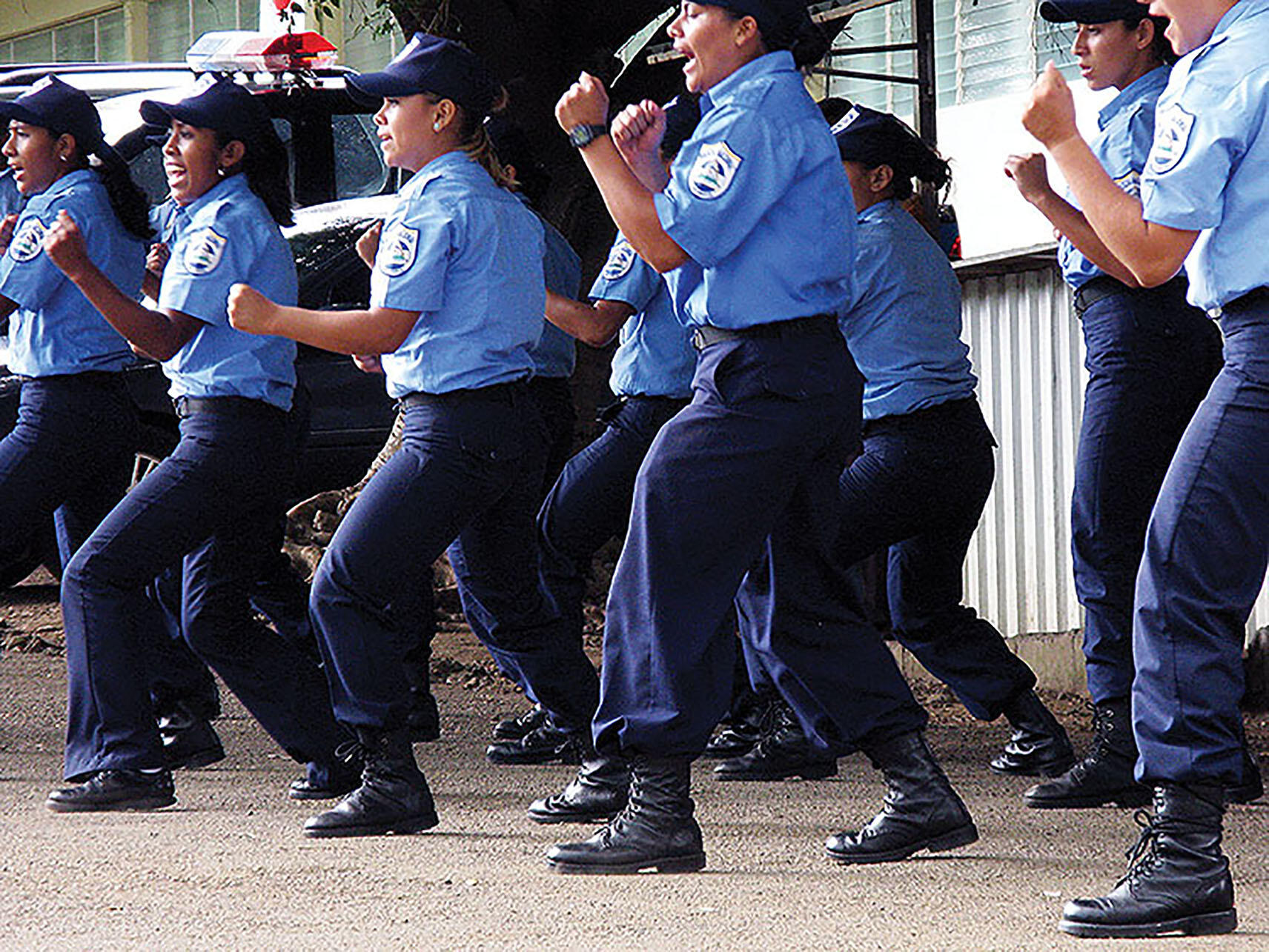 Nicaraguan police officers in formation participate in a cooperative training session put on by the national police academy and the Swedish police force. (Photo by Ann Kroon.)