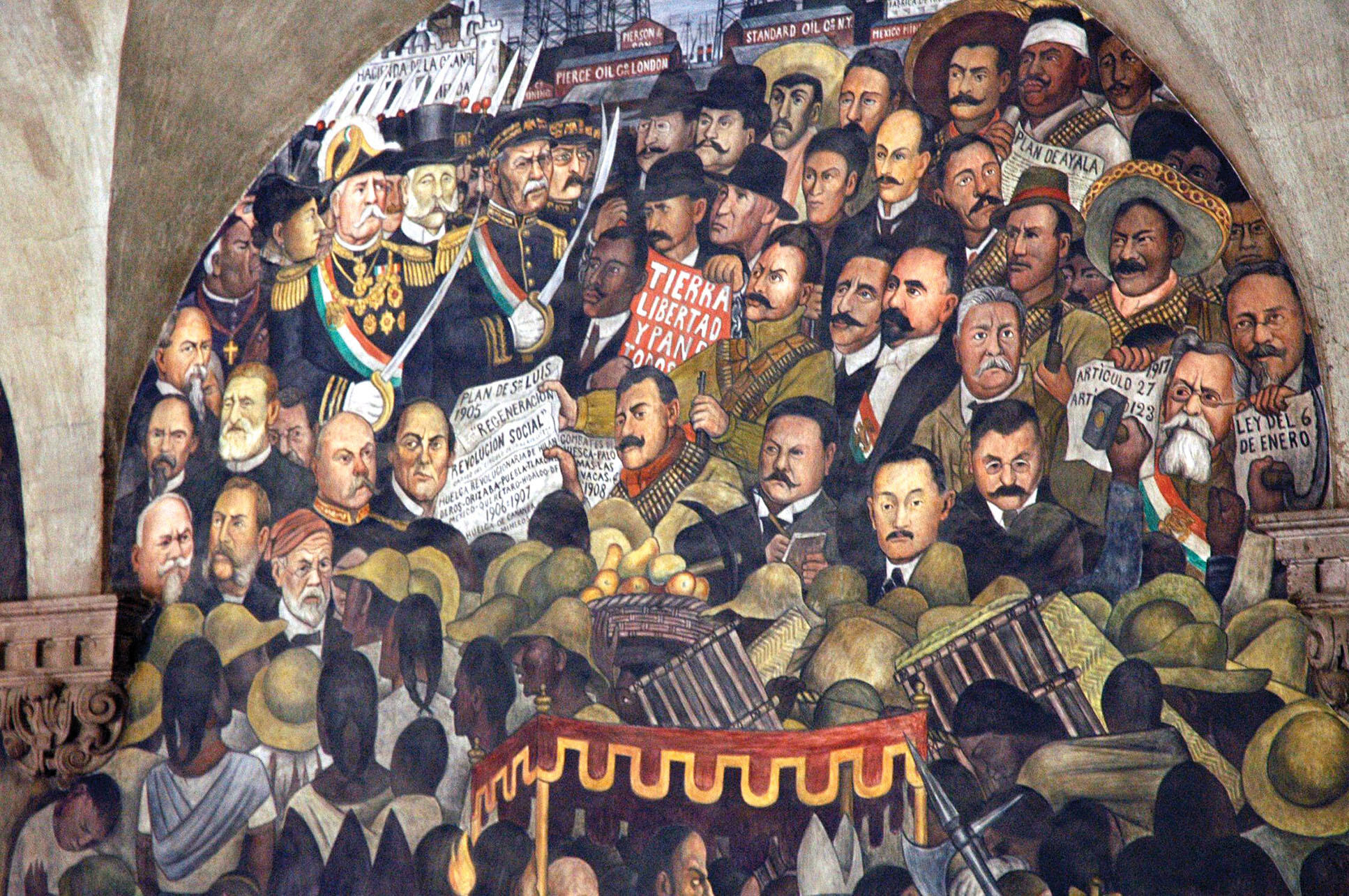 A section of Diego Rivera’s mural in Mexico’s National Palace, which depicts supporters of Porfirio Diáz on the left and leading revolutionaries on the right. (Photo courtesy of imgkid.)