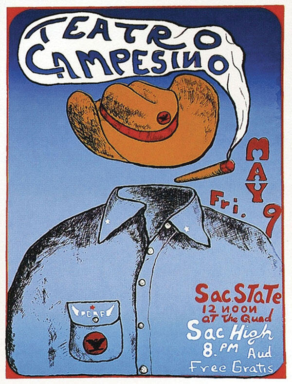 A caricature of Luis Valdéz as a United Farm Workers hat and shirt with a cigar on a mid-1970s poster. (Image by Rodolfo “Rudy” Cuellar.)