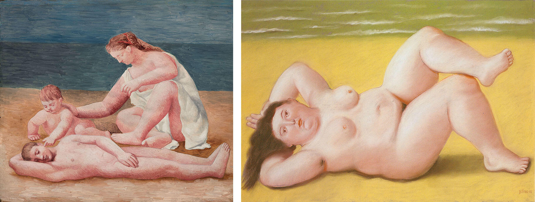  Pablo Picasso, “Family at the Seaside” (Dinard, Summer 1922). Oil on wood, 17.6x20.2 cm; and Fernando Botero, “Woman at the Beach” (2002). Pastel on canvas, 69x104 cm.