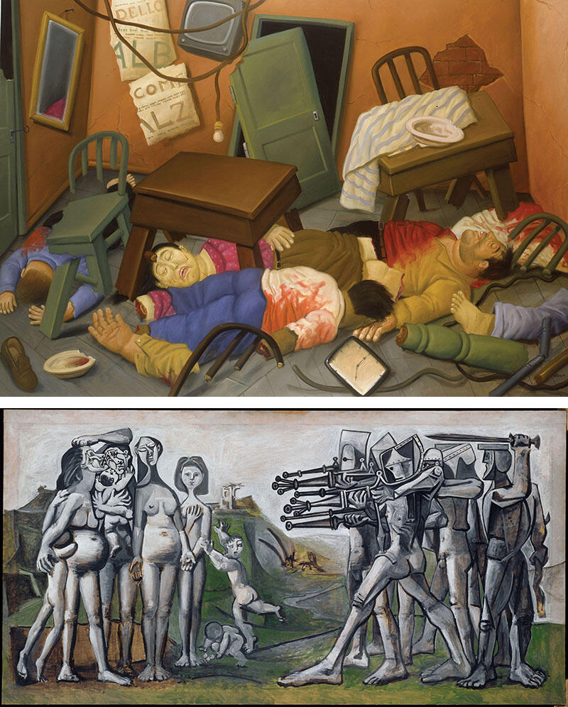 15 Massacre” (2004). Oil on canvas, 146x209 cm; and Pablo Picasso, “Massacre in Korea” (Vallauris, January 18, 1951). Oil on wood panel, 110x210 cm. 