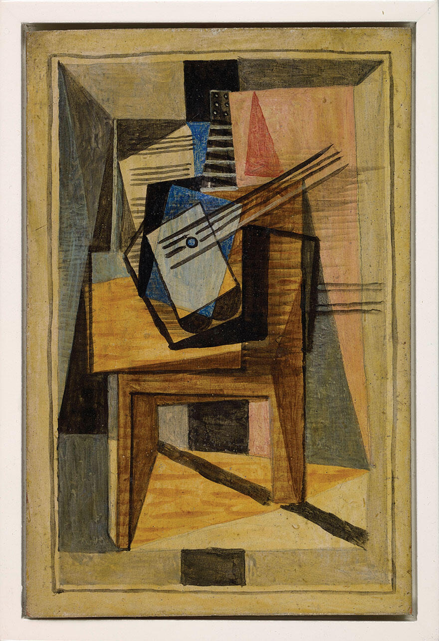 Pablo Picasso, “Musical Instruments on a Table” (Paris, 1922). Oil on wood, 15x9.9 cm. (Musée National Picasso – Paris Dation Pablo Picasso, 1979. © 2018 Estate of Pablo Picasso / Artists Rights Society (ARS), New York.  Photo © RMN-Grand Palais (Musée Na