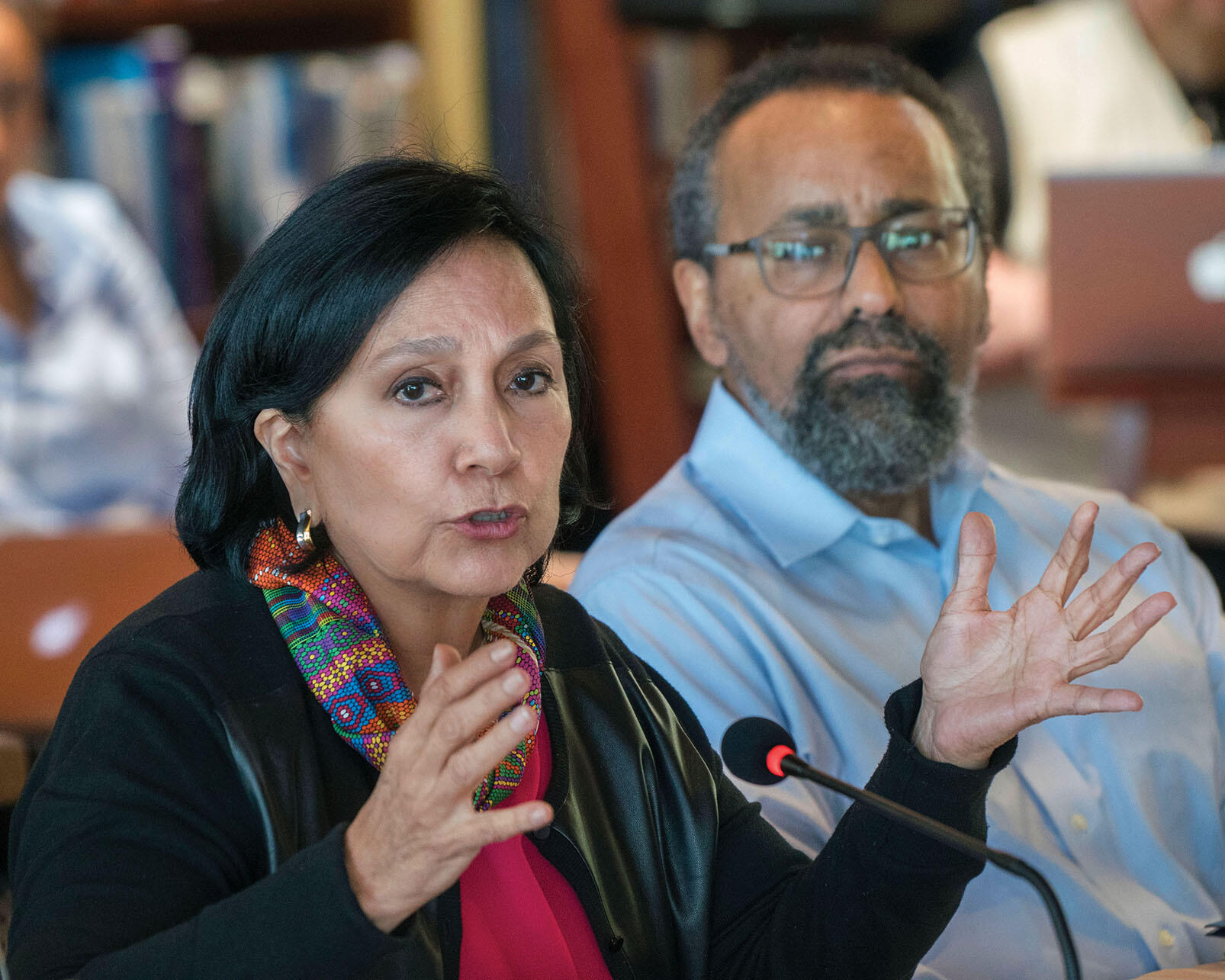 Amalia García and Chris Edley discuss wages, development, and migration at the Forum. (Photo by Jim Block.) Amalia García and Chris Edley discuss wages, development, and migration at the Forum. (Photo by Jim Block.)