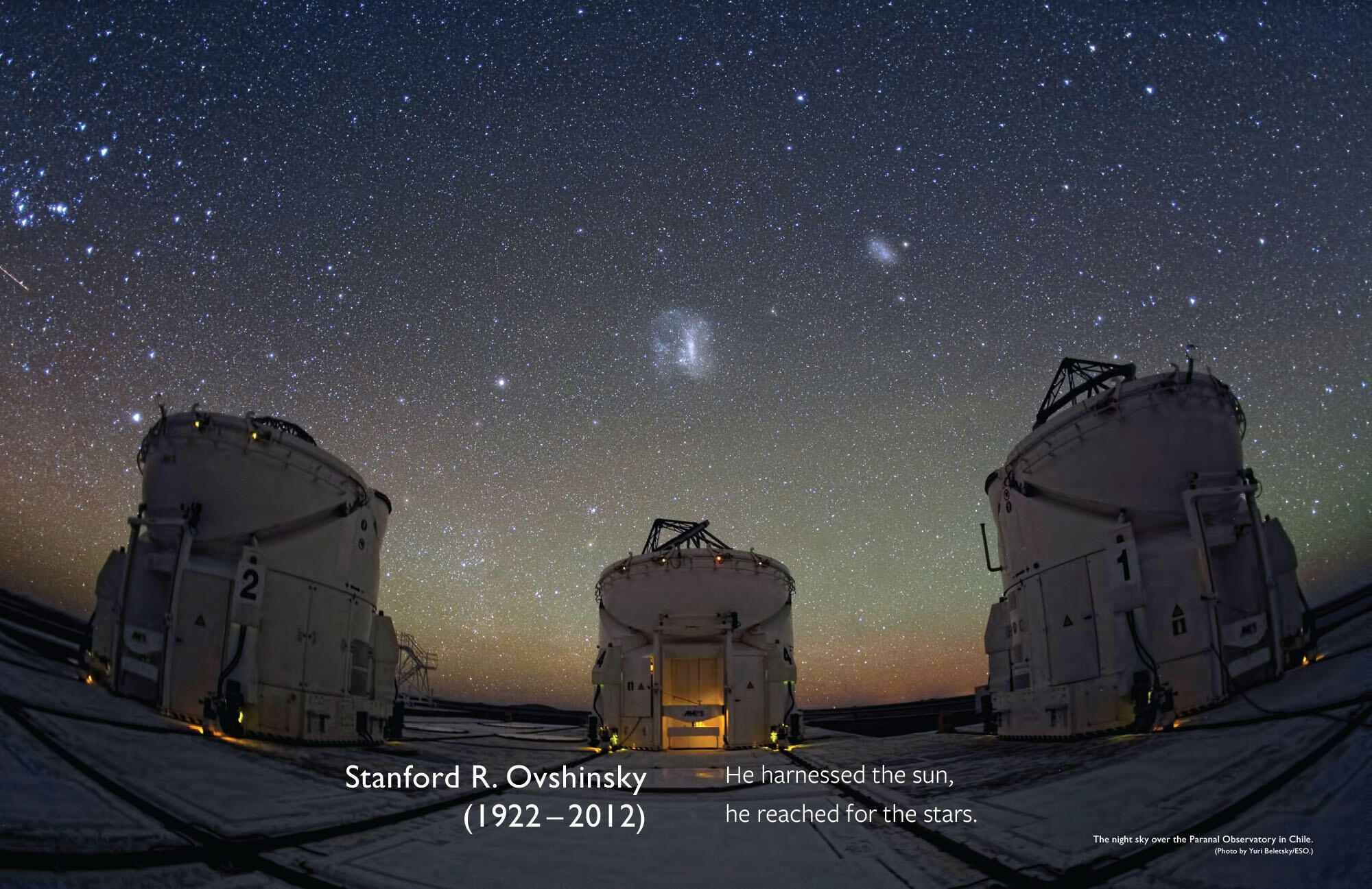 The night sky over the Paranal Observatory in Chile, with a memoriam for Stan Ovshinsky. (Photo by Yuri Beletsky/ESO.)