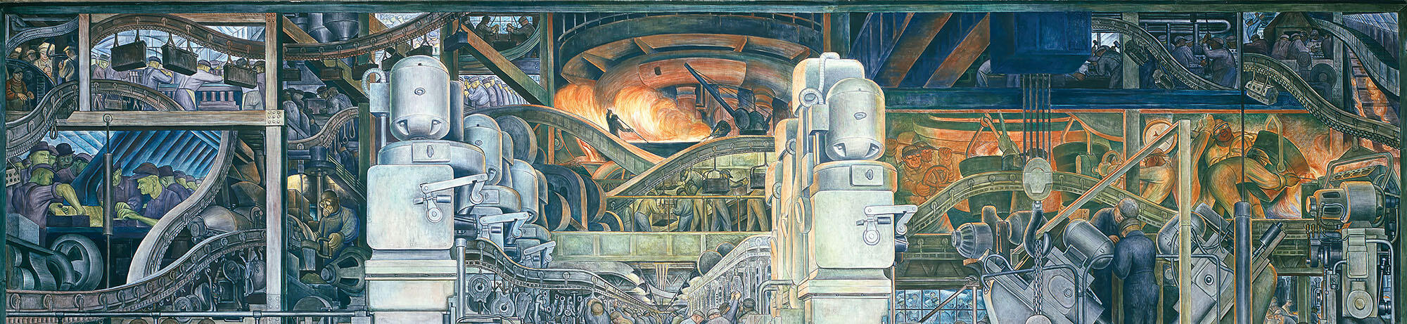 Detail from “Detroit Industry,” north wall, showing the blast furnace and overhead transportation systems. (Image courtesy of the Detroit Institute of Arts.) 