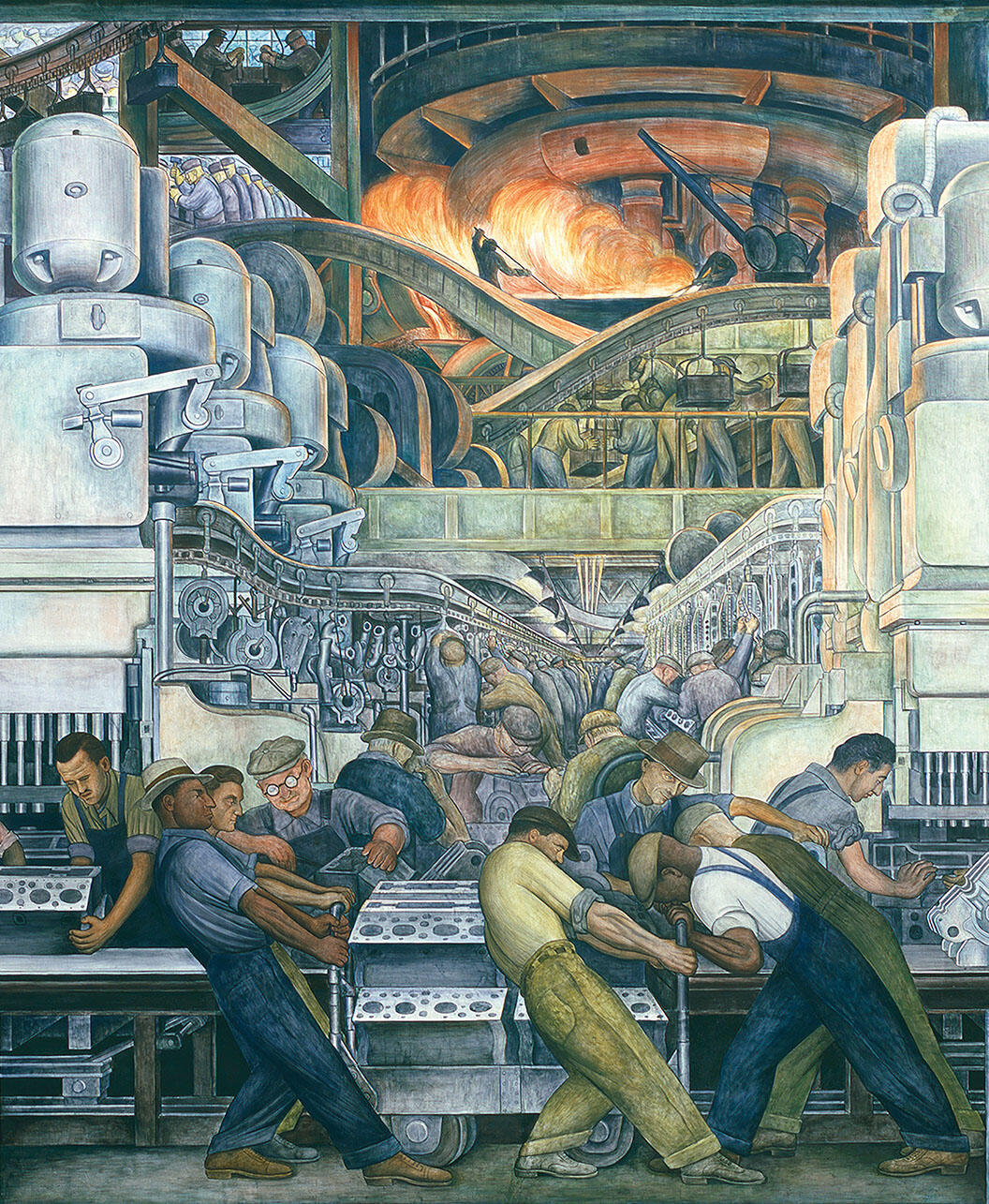 Detail from “Detroit Industry,” north wall, showing workers machining engine blocks. (Image courtesy of the Detroit Institute of Arts.)