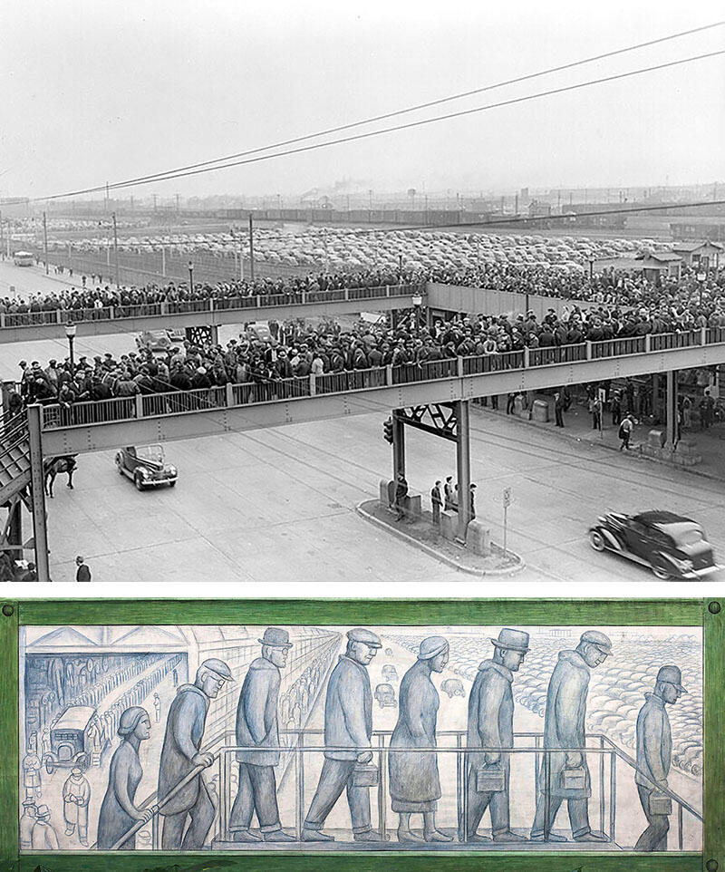  Workers waiting on the Rouge overpasses for their shift to start, 1941, and a pridella from "Detroit Industry" of the same scene. (Photo courtesy of  Wayne State University Digital Collections; image courtesy of the Detroit Institute of Arts.)