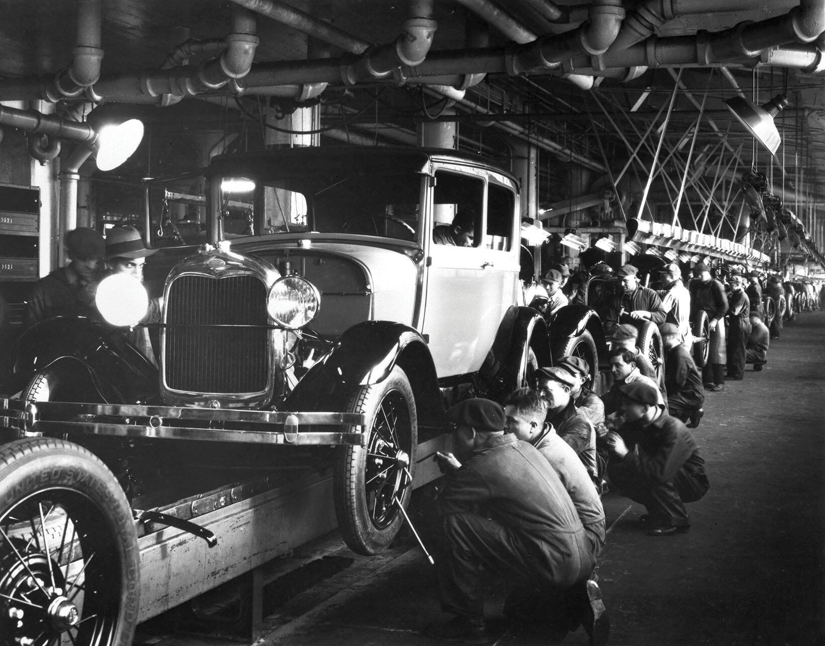 Workers assembling Ford Model As at the Rouge Plant, 1928. (Photo from the Collections of  The Henry Ford Museum.)