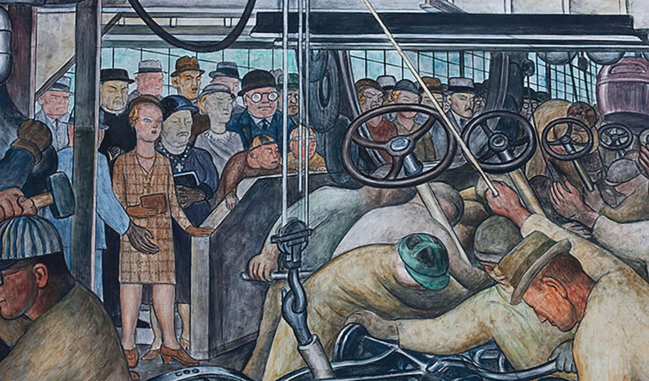 "Detroit Industry,"Detail from “Detroit Industry,” south wall, shows visitors to the Rouge, including the Katzenjammer Kids (center).