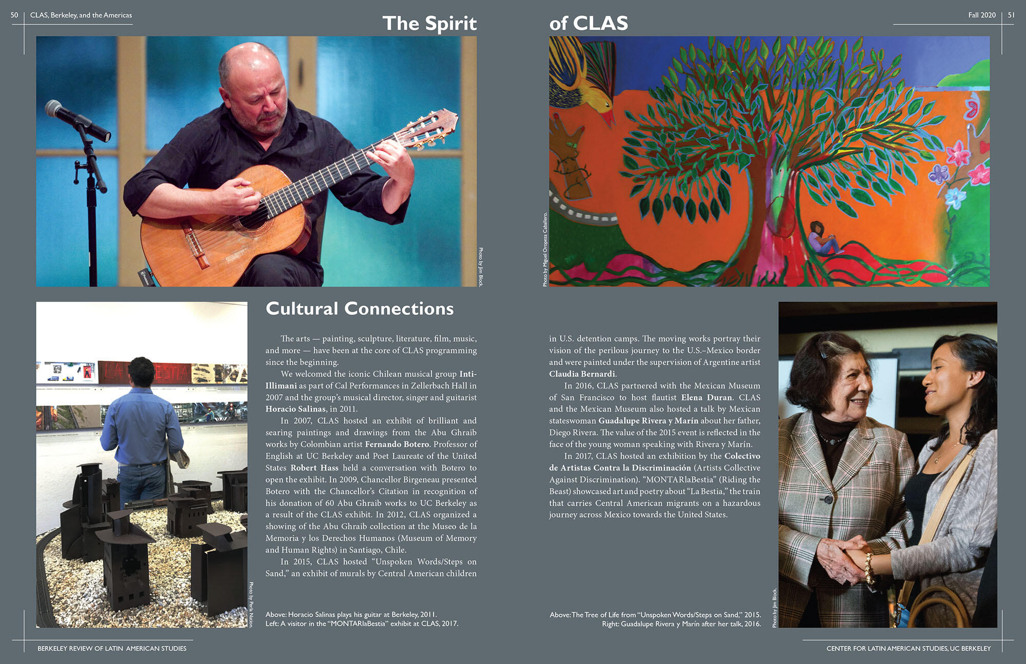 Two pages dedicated to cultural connections at CLAS, including Horacio Salinas, Guadelupe Rivera y Marin, connections with The Mexican Museum of San Francisco, and Claudia Bernardi. (Image from CLAS.) Two pages dedicated to cultural connections at CLAS, including Horacio Salinas, Guadelupe Rivera y Marin, connections with The Mexican Museum of San Francisco, and Claudia Bernardi. (Image from CLAS.)