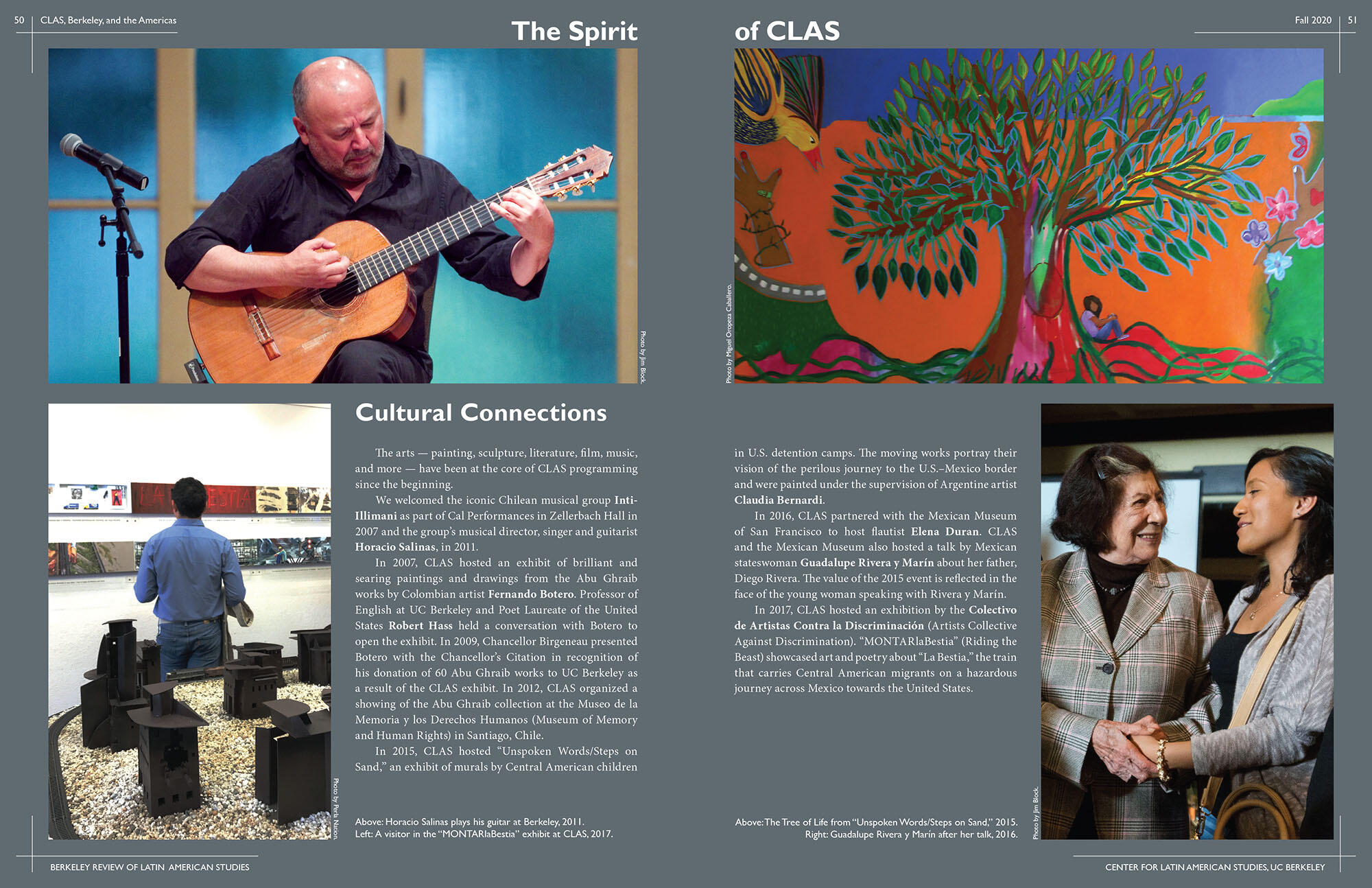 Two pages dedicated to cultural connections at CLAS, including Horacio Salinas, Guadelupe Rivera y Marin, connections with The Mexican Museum of San Francisco, and Claudia Bernardi. (Image from CLAS.)