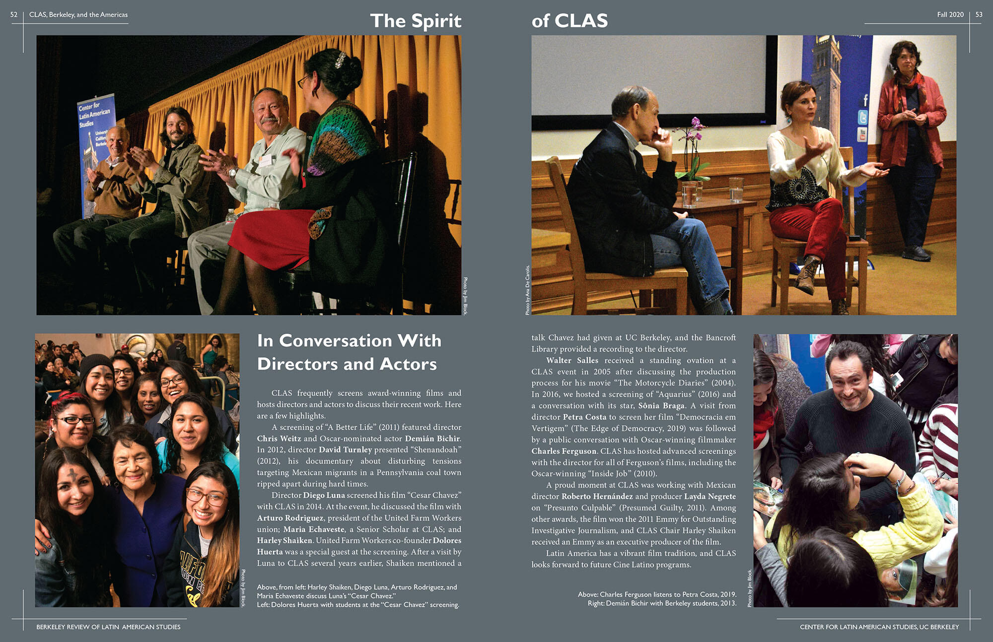 Two pages dedicated to CLAS and film, including Charles Ferguson, Diego Luna (with Dolores Huerta at one of his screenings), Petra Costa, and Demián Bichir. (Image from CLAS.)