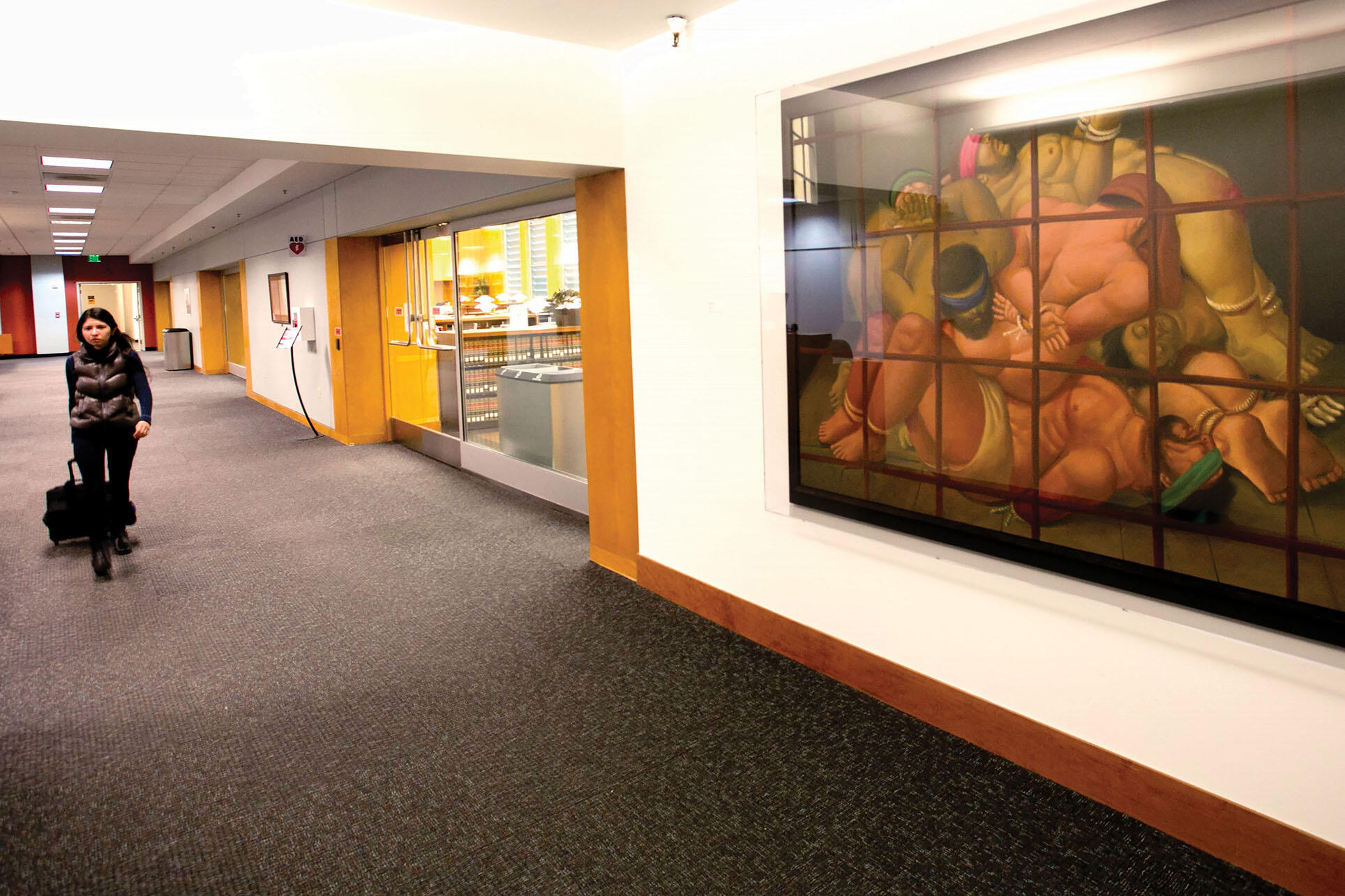 Botero’s “Abu Ghraib 57” hangs outside the UC Berkeley School of Law library. (Photo by Jim Block.) Botero’s “Abu Ghraib 57” hangs outside the UC Berkeley School of Law library. (Photo by Jim Block.)
