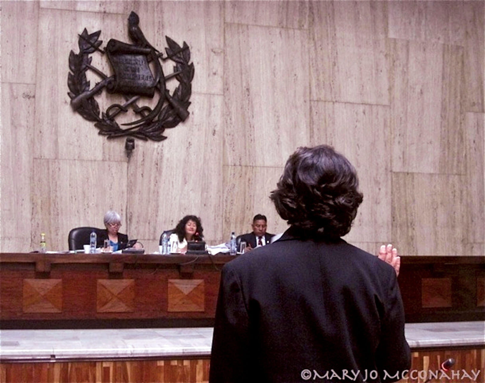 Beatriz Manz is sworn in at the Ríos Montt trial in front of (from left) Justices Patricia Bustamante, Yassmin Barrios, and Pablo Xitumul. (Photo by Mary Jo McConahay.)