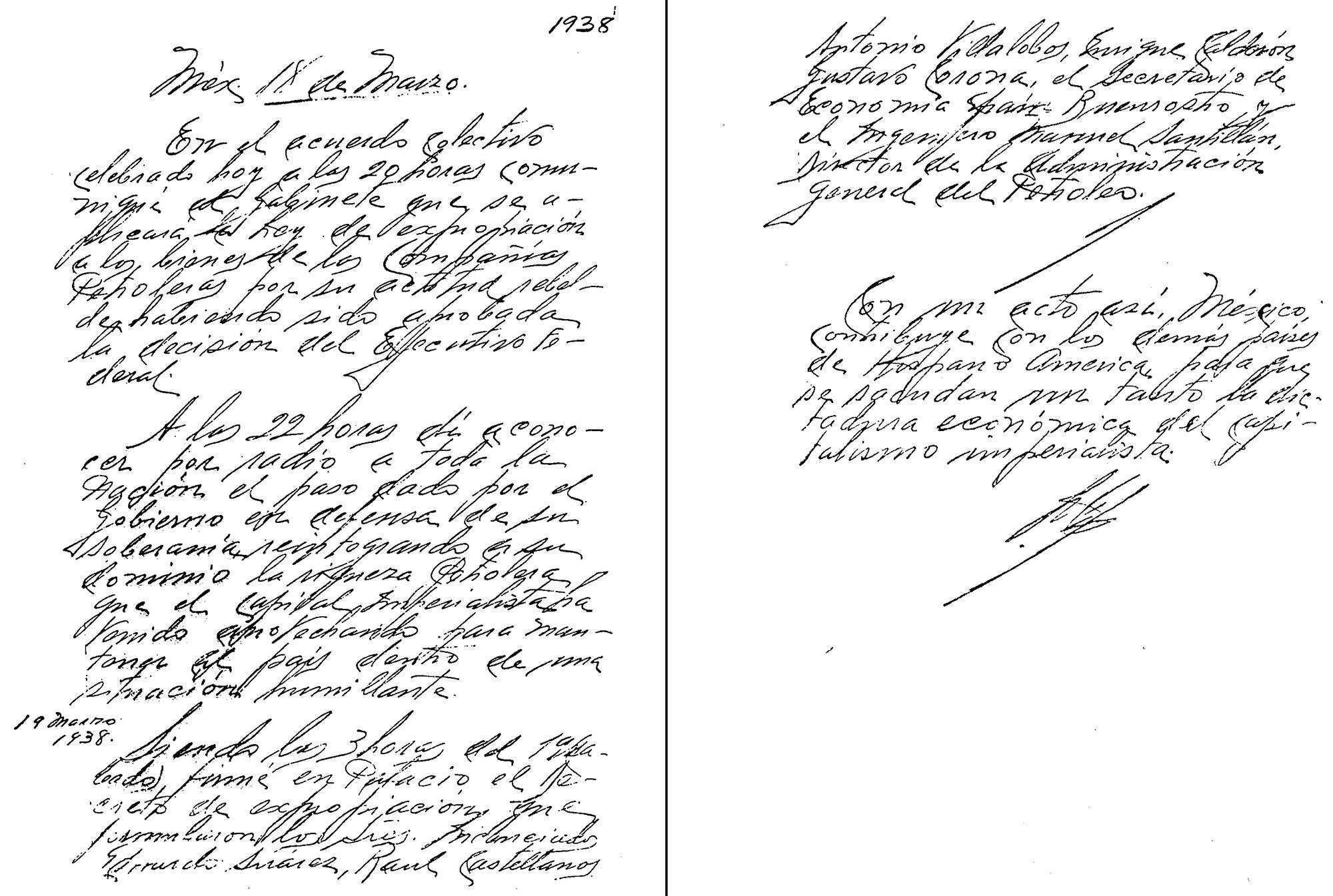 The March 18, 1938, diary entry of President Lázaro Cárdenas, which records the nationalization of the oil industry. (Image courtesy of Cuauhtémoc Cárdenas.)