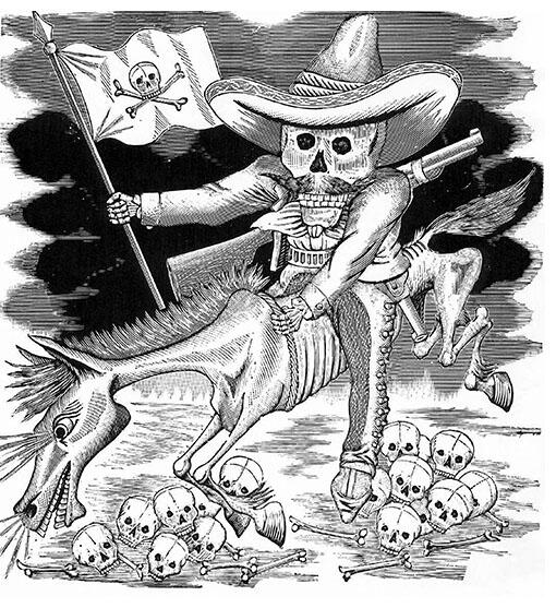 Calavera zapatista (Zapatista skeleton), shown on horseback trampling skulls, by the Mexican illustrator J.G. Posada (1852-1913).