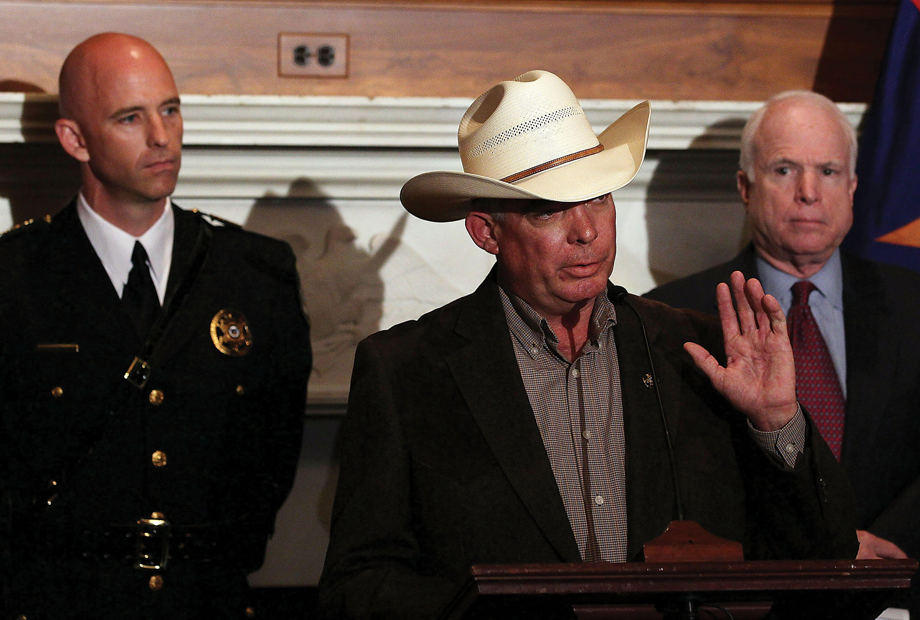 Senator John McCain and Arizona sheriffs Paul Babeu and Larry Dever hold a news conference on the border situation in Arizona. (Photo by Mark Wilson/Getty Images.)