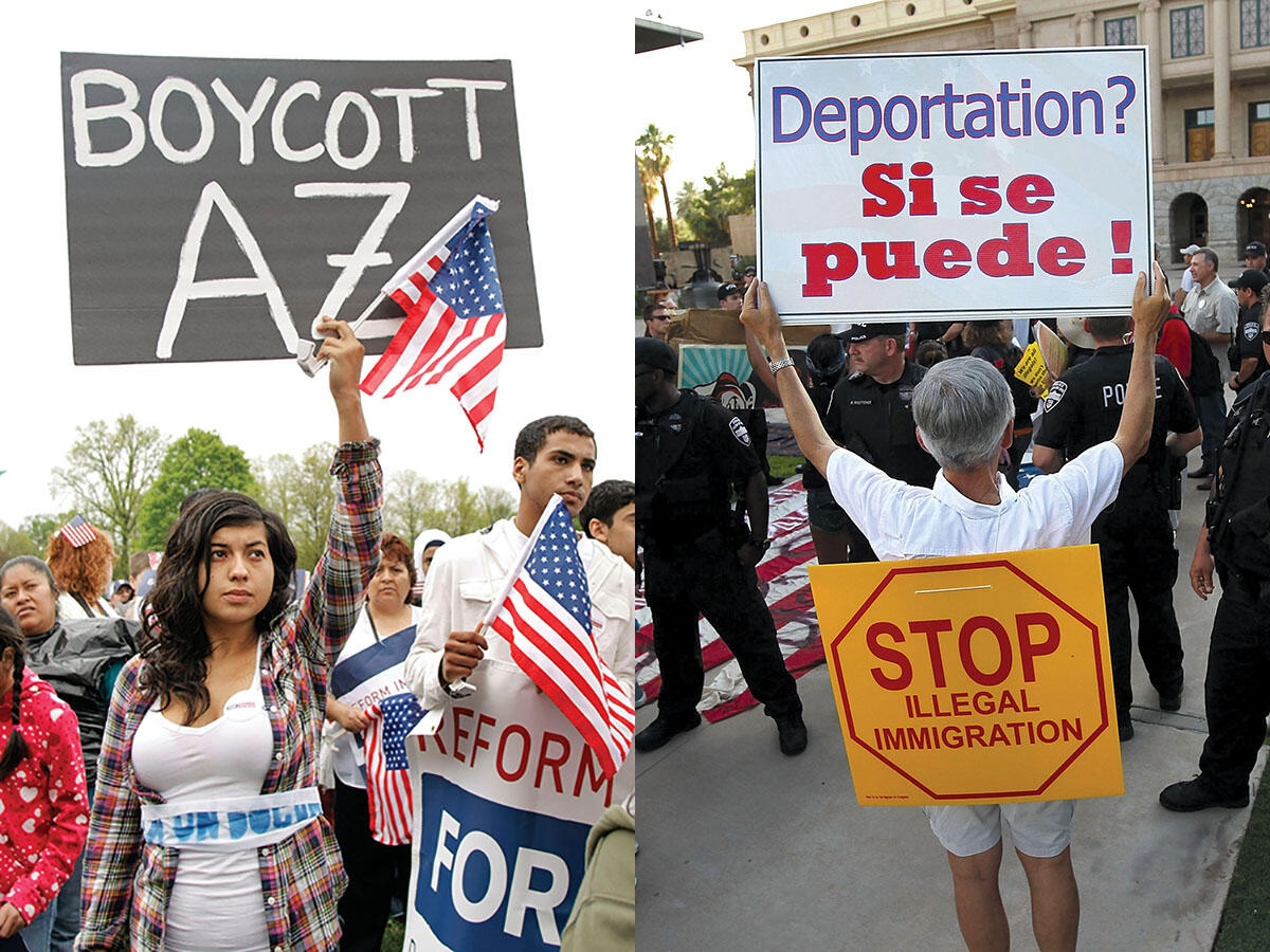 Protestors urge a boycott of Arizona at an immigration rally in Ann Arbor, Michigan, and support SB 1070 at a rally in Arizona. (Photos by Bill Pugliano/Getty Images (left) and John Moore/Getty Images.)