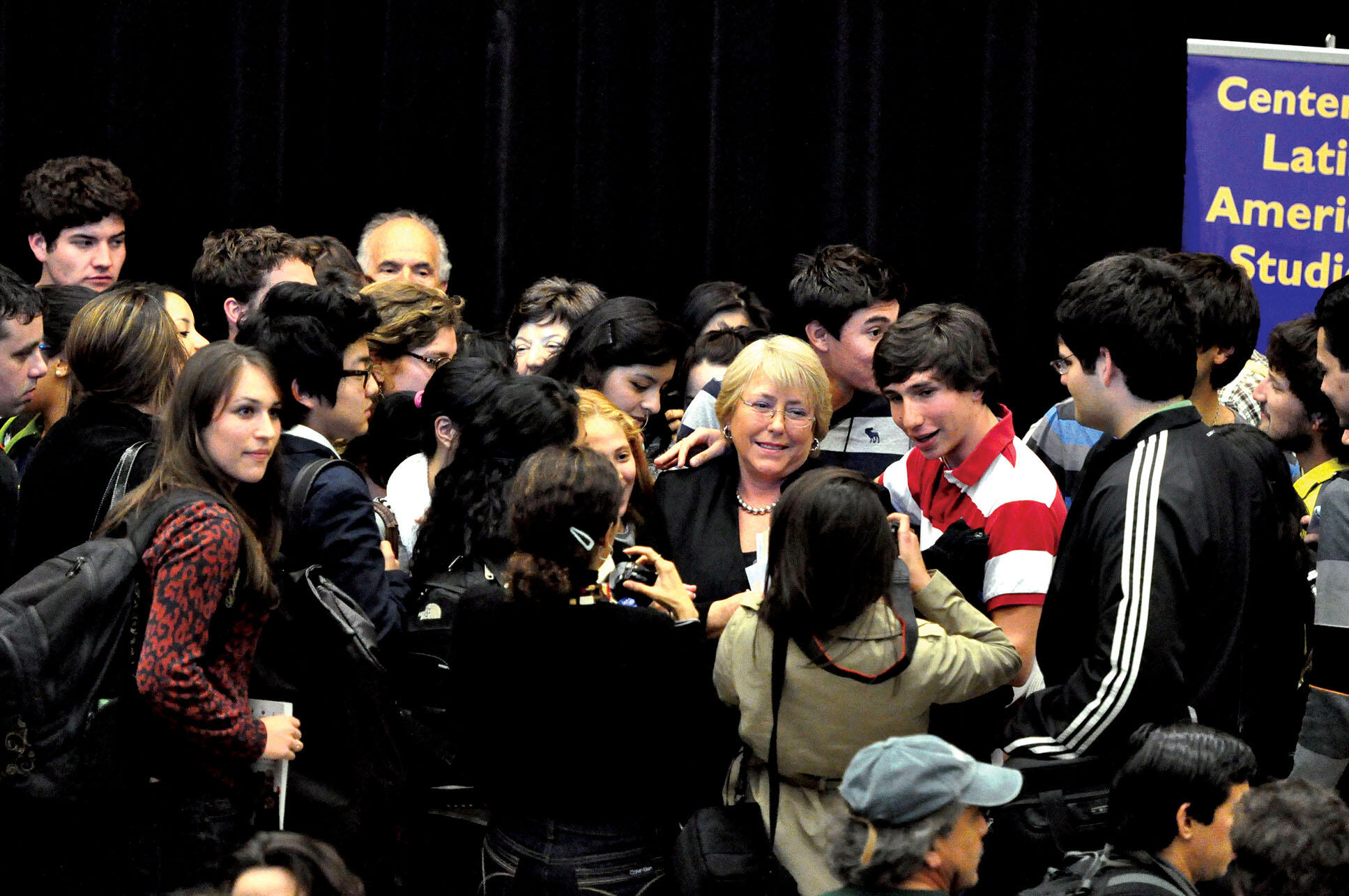 Students with Michelle Bachelet after her talk at Berkeley,  April 2011. (Photo by Peg Skorpinski.)