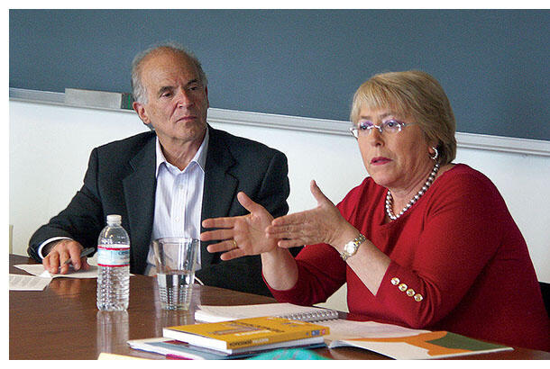 Michelle Bachelet teaches a class at Berkeley as Harley Shaiken looks on,  April 2011. (Photo by Brittany Gabel.)