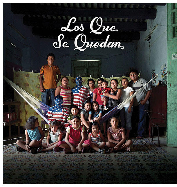 Partners and children of migrants, with two men obscured by American flag bodysuits representing those absent, in a promotional image for "Those Who Remain." (Photo courtesy of Fundación BBVA Bancomer.)