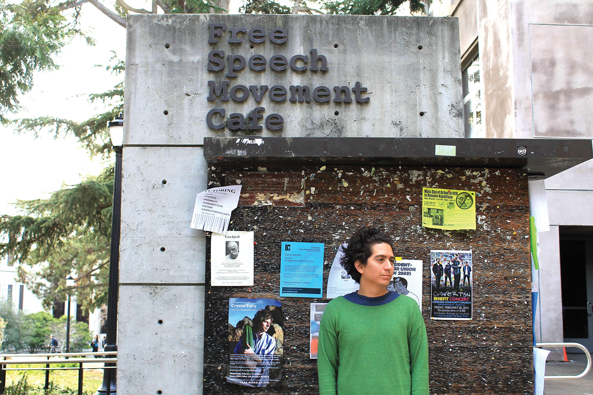 Daniel Alarcón outside the Free Speech Movement Cafe on the Berkeley campus. (Photo by Orit Mohamed.)