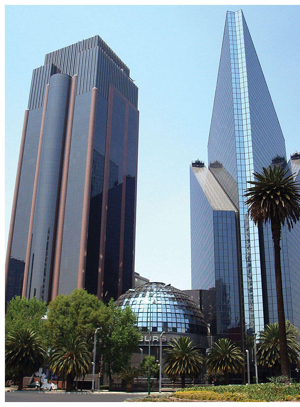 The soaring modern glass buildings of the Stock Exchange in Mexico City. (Photo by Marco Guzmán, Jr.)
