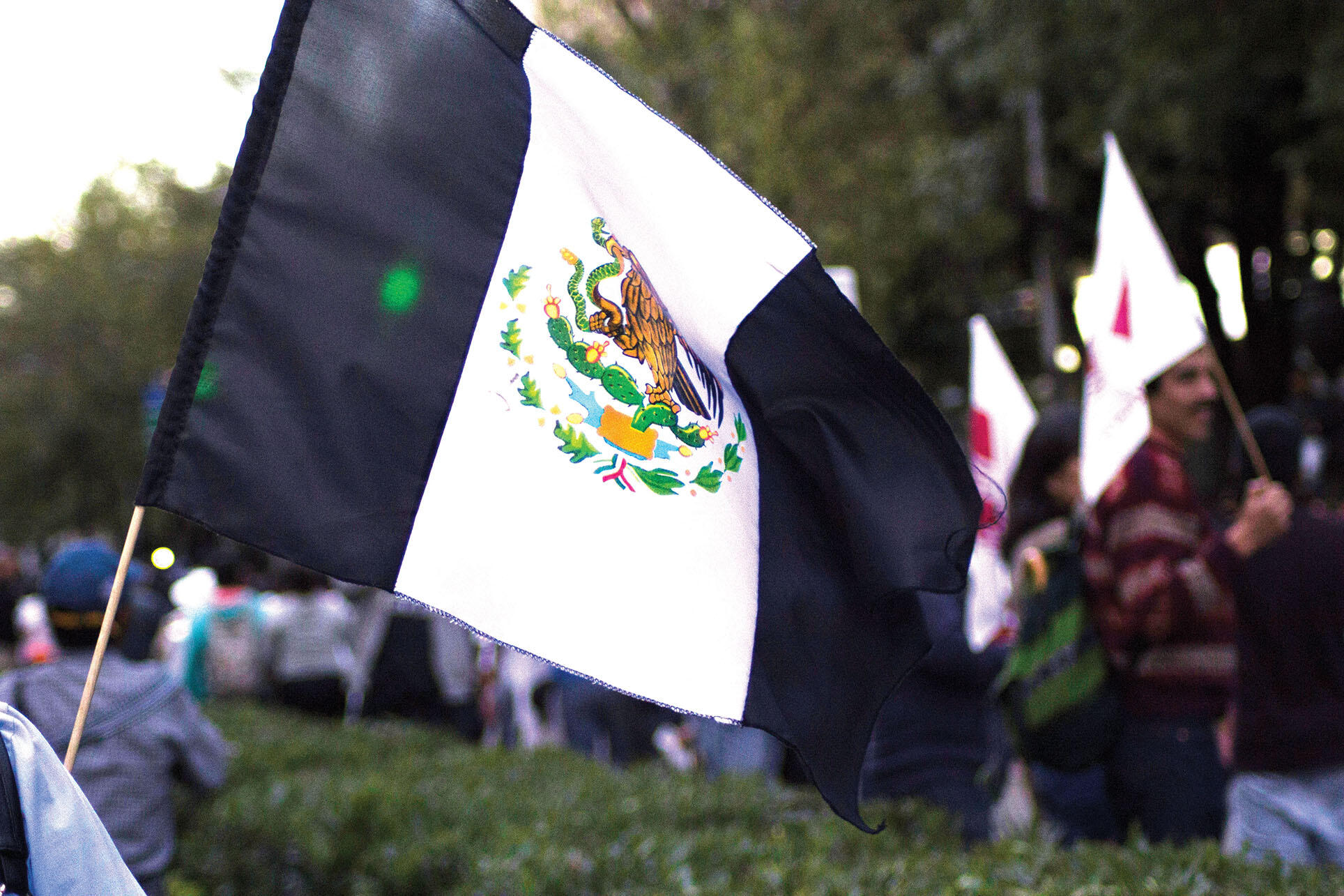 Black stripes replace red and green in this modified Mexican flag flown at a protest. (Photo by Apollo Gonzales.)