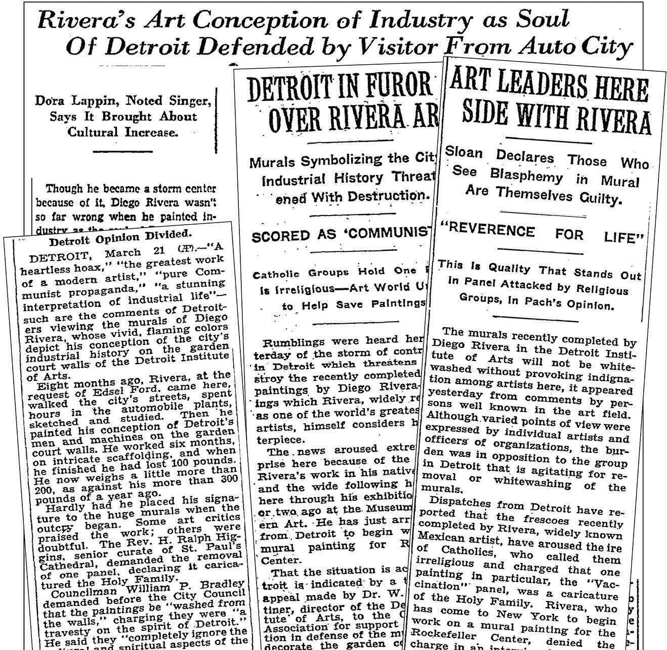 Newspaper headlines and columns underscore the reaction to Rivera’s Detroit Industry murals in the 1930s.
