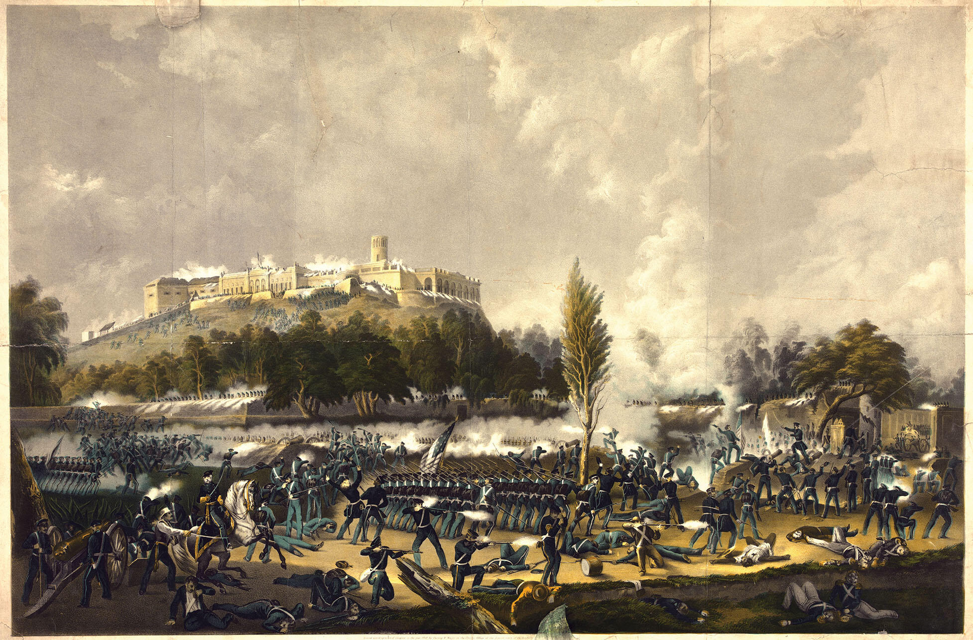 A painting shows soldiers in battle during the 1847 storming of Chapultepec during the U.S. invasion of Mexico. (Image by N. Currier of painting by Walker/Photo from Library of Congress.)