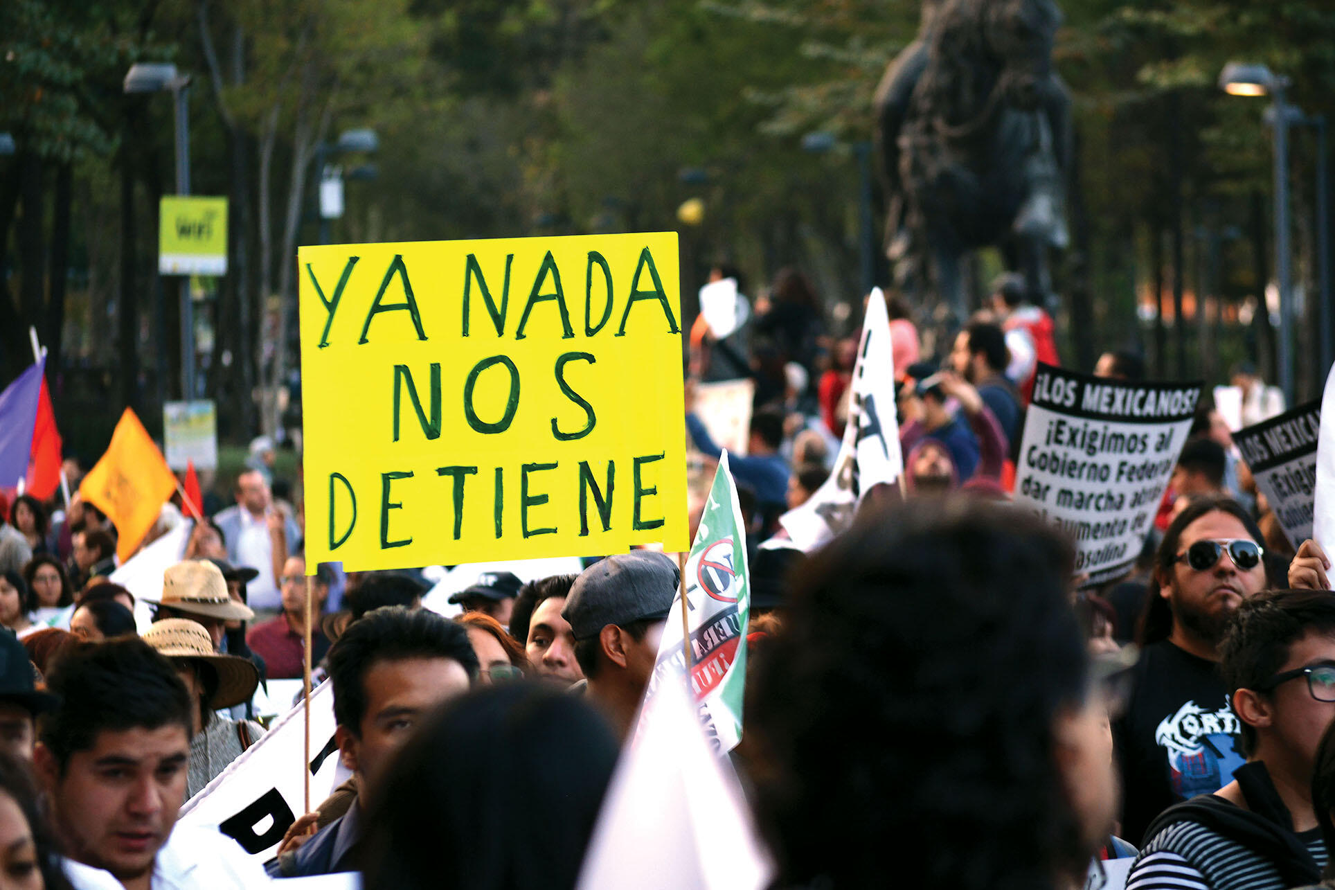 A sign reading "Ya nada nos de tiene" - We have nothing more - protests against the gasoline price hikes of the gasolinazo in Mexico, January 2017. (Photo by ProtoplasmaKid.)
