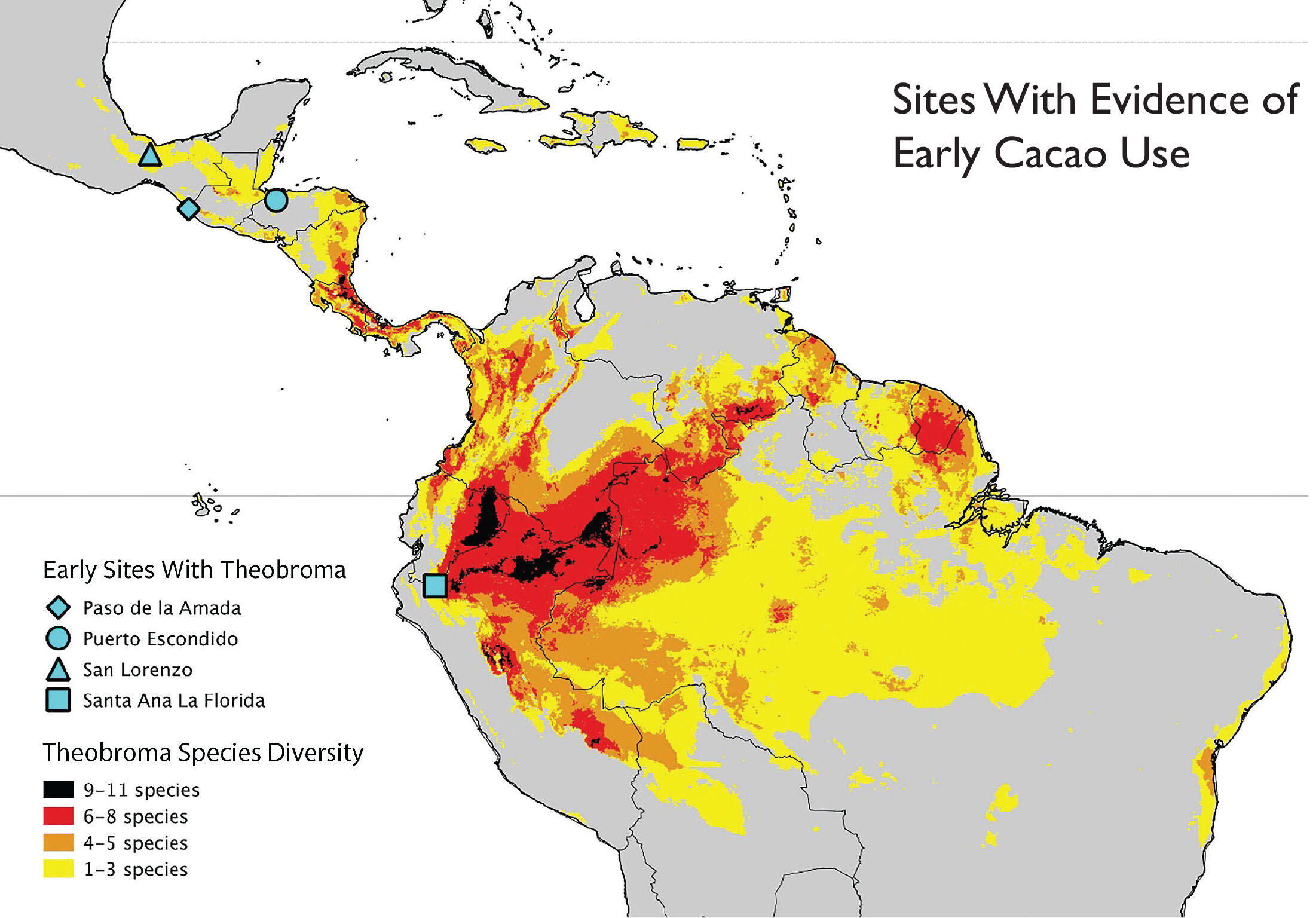 A map highlighting the range of Theobroma in the wild, as well as locations with evidence of early use in Latin America. (Image courtesy of Michael Blake.)