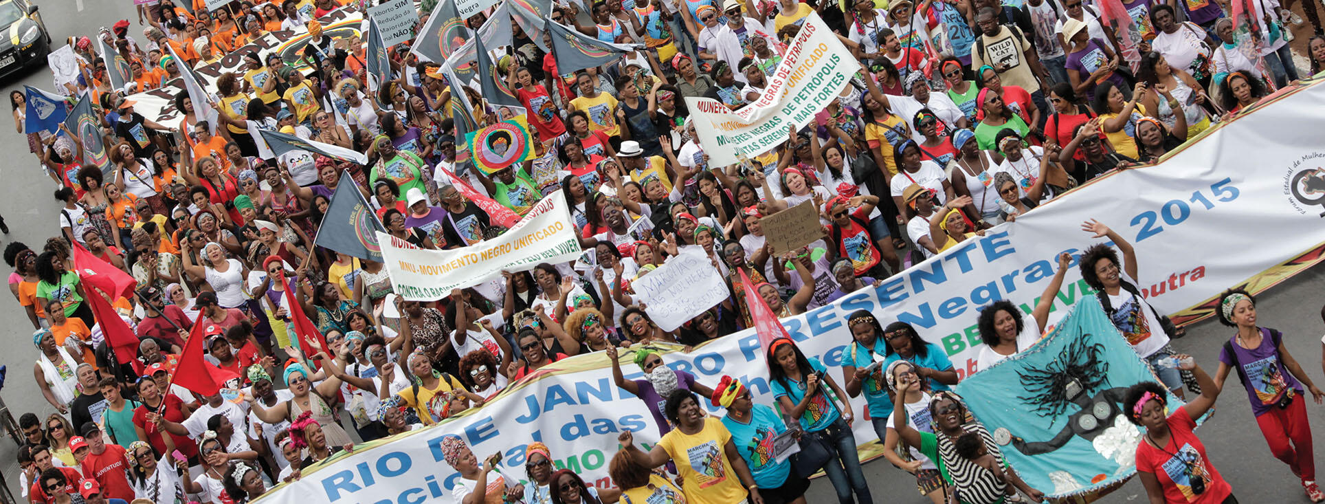 A 2015 women’s march crowds the streets in Brazil, with calls for greater respect for Black Brazilian citizens and culture. (Photo by Janine Moraes, Courtesy of Secretaria Especial da Cultura do Ministério da Cidadania, Brazil.)