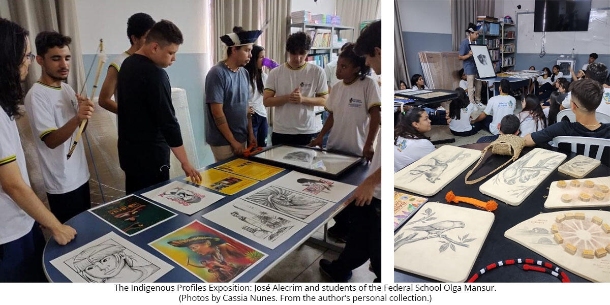 Two photos of students with a teacher in Indigenous headwear around a table filled with art.
