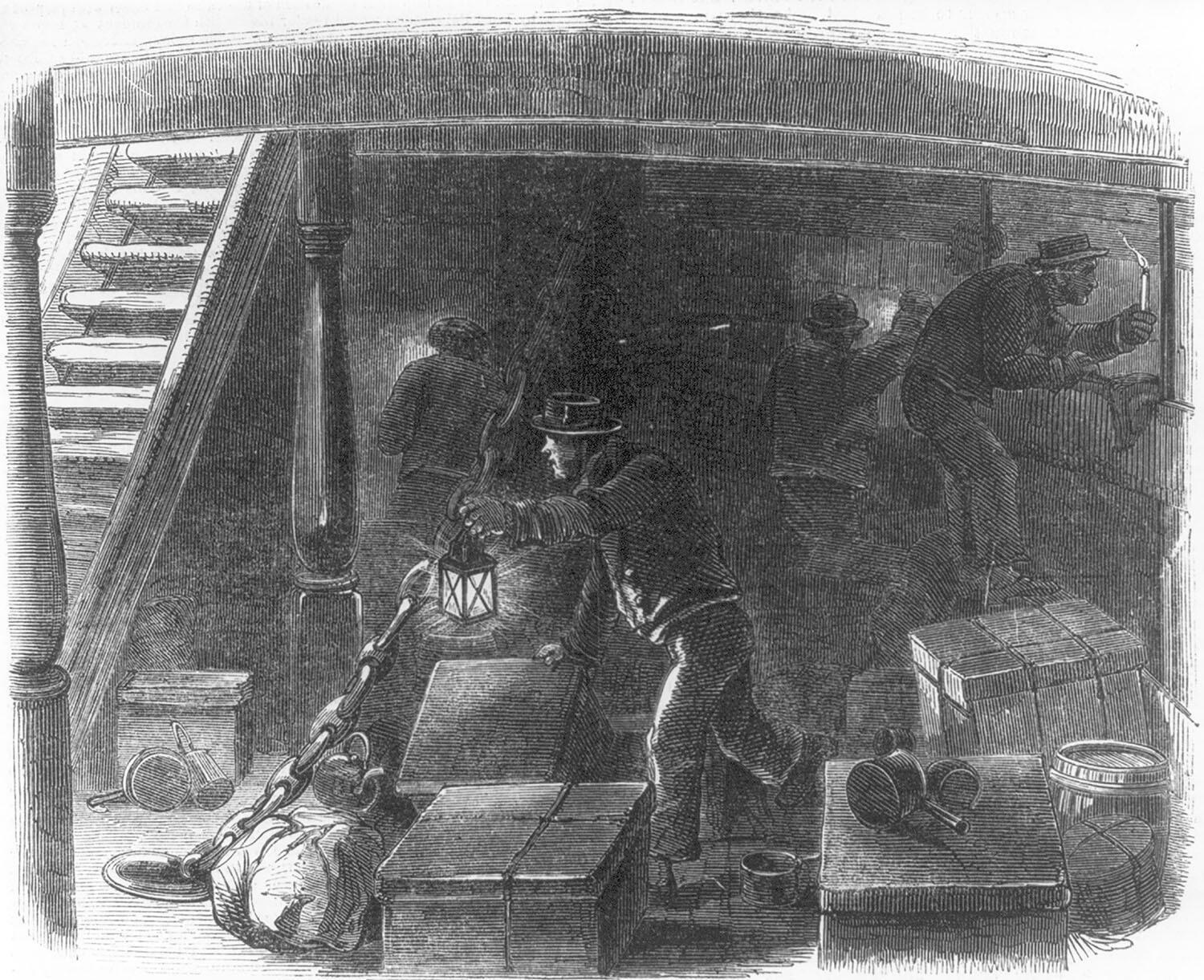 British sailors use lanterns hunt for stowaways in a merchant ship’s hold in this 19th-century etching. (Image courtesy of the Library of Congress.)