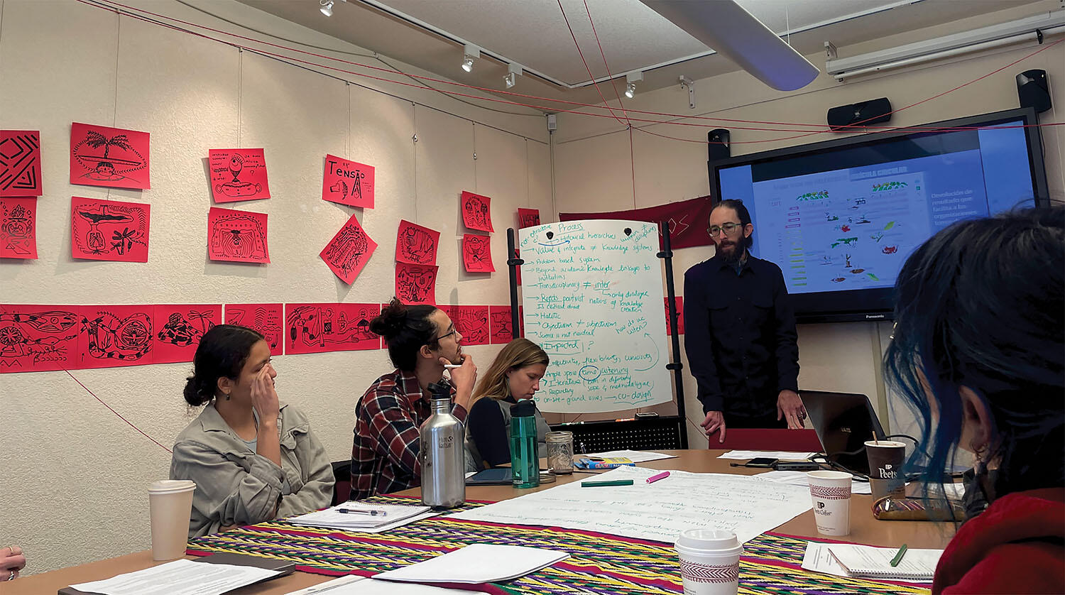 The meeting of the “Transformative Agro-Ecology” workshop, with participants around the conference table at CLAS, March 2023. (Photo courtesy of the Latin American and Caribbean Socionatures Working Group.)